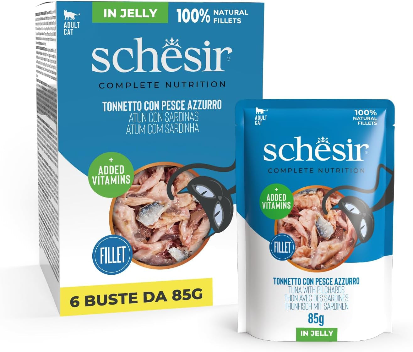 , Tonfisk med blå fisk i gelé, komplett våtfoder för katter, i påse, med ytterligare vitaminer, 100% naturlig, 6 x 85 g