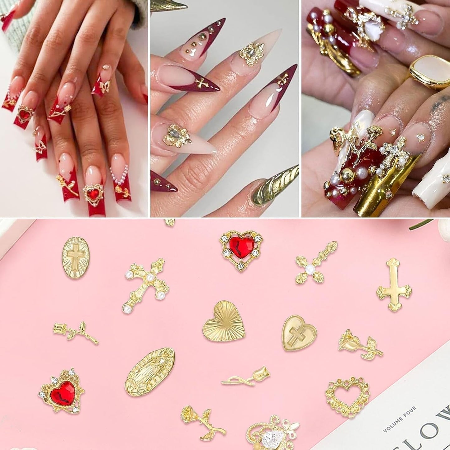 Guld Nail Charms 80st Cross Rose Heart Virgin Mary Nail Gems Metalllegering Nageltillbehör för manikyr Designdekorationer DIY-hantverk