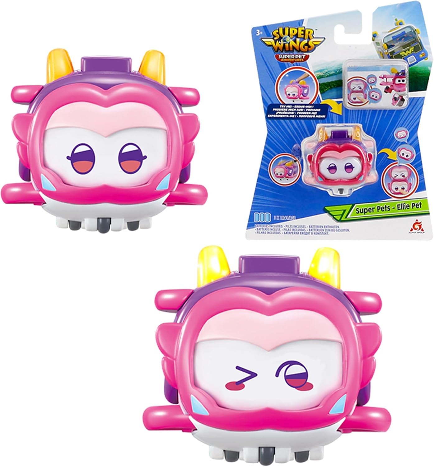Super Wings Super Pets 4 ST Shine, Golden Boy, Jerome, Ellie Switchable Ansiktsuttryck Blixteffekt Bärbar leksak för 3 4 5 6 7 8 Years Old Boy Girl 2 Inch Actionfigurer Naty Shop Ellie