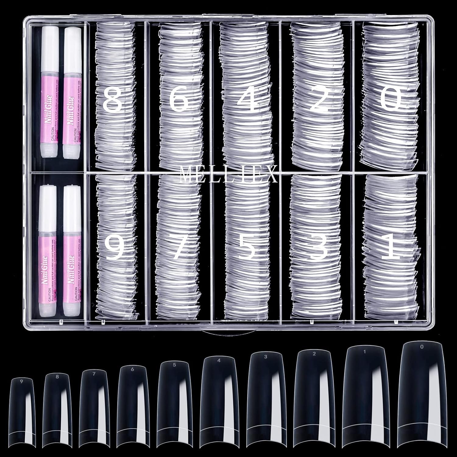 500st franska konstgjorda nagelspetsar Akryl Nagelspetsar Set Nagelförlängningar Nagelspetsar Falska nageltillbehör med 4st Nageldesign lim Gel Nails Natural