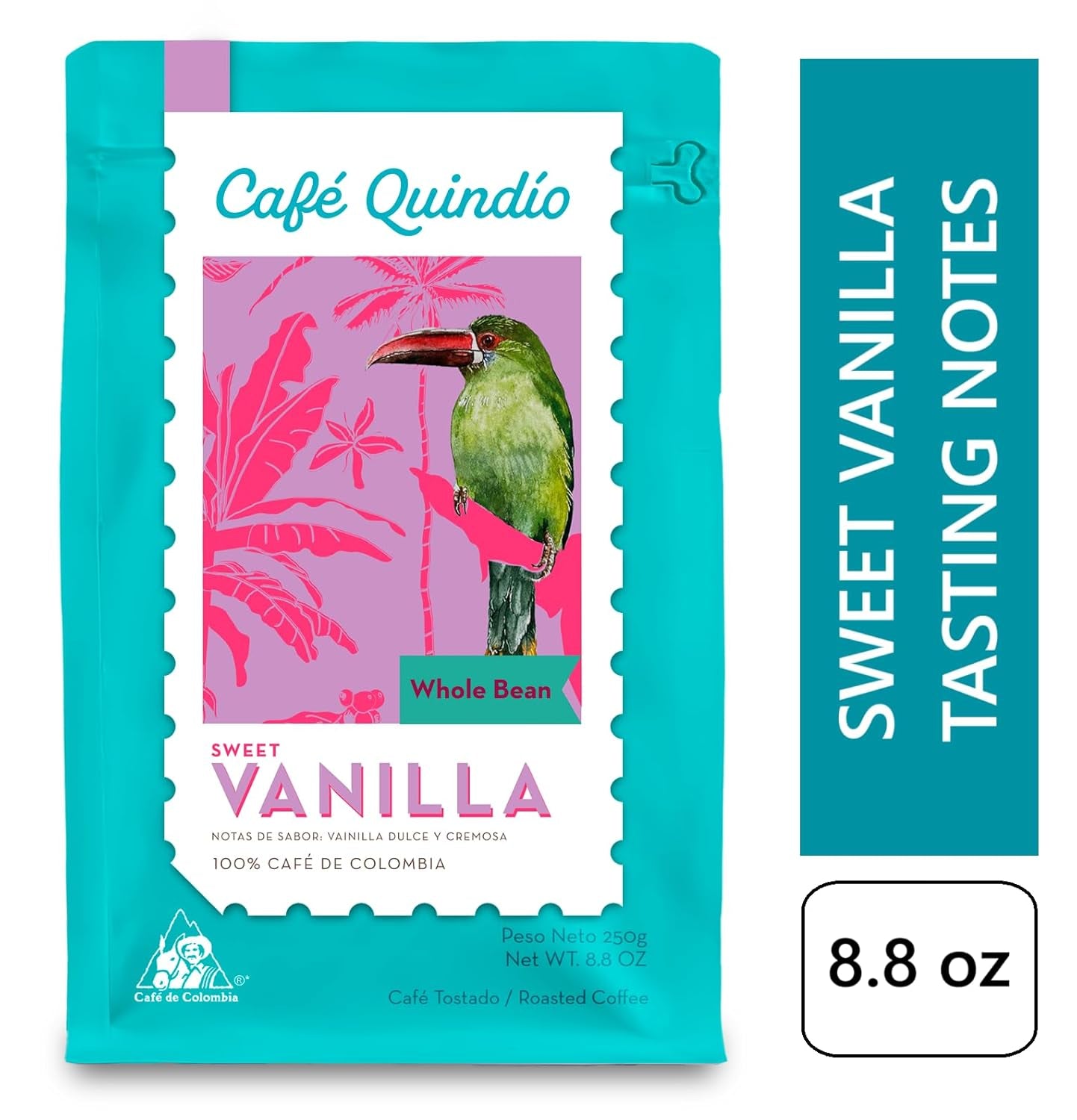 Cafe Quindio Specialty Coffee - 100 % Arabica kaffebönor, Colombia - med naturliga toner av söt vanilj (250g) - perfekt för filterkaffe, portafiltermaskiner eller fransk press