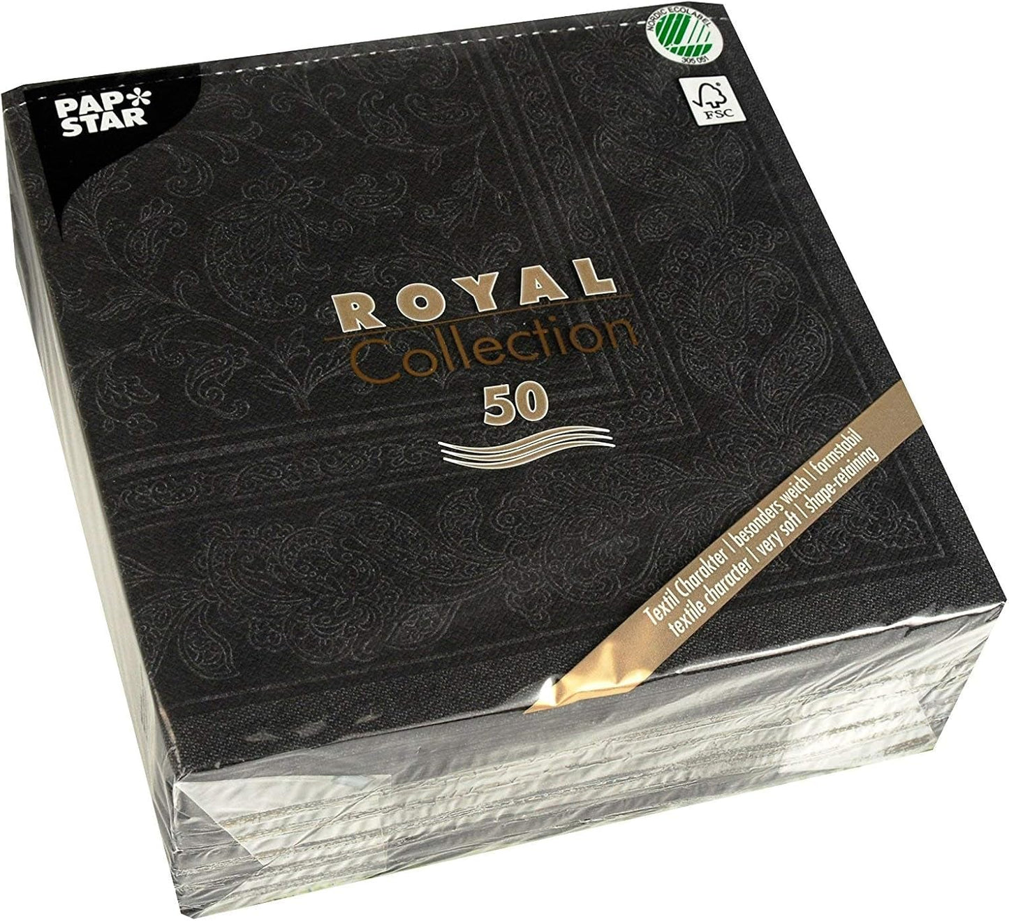 50 servetter ROYAL Collection 1/4-faldigt 40 X 40 svarta "Ornaments"
