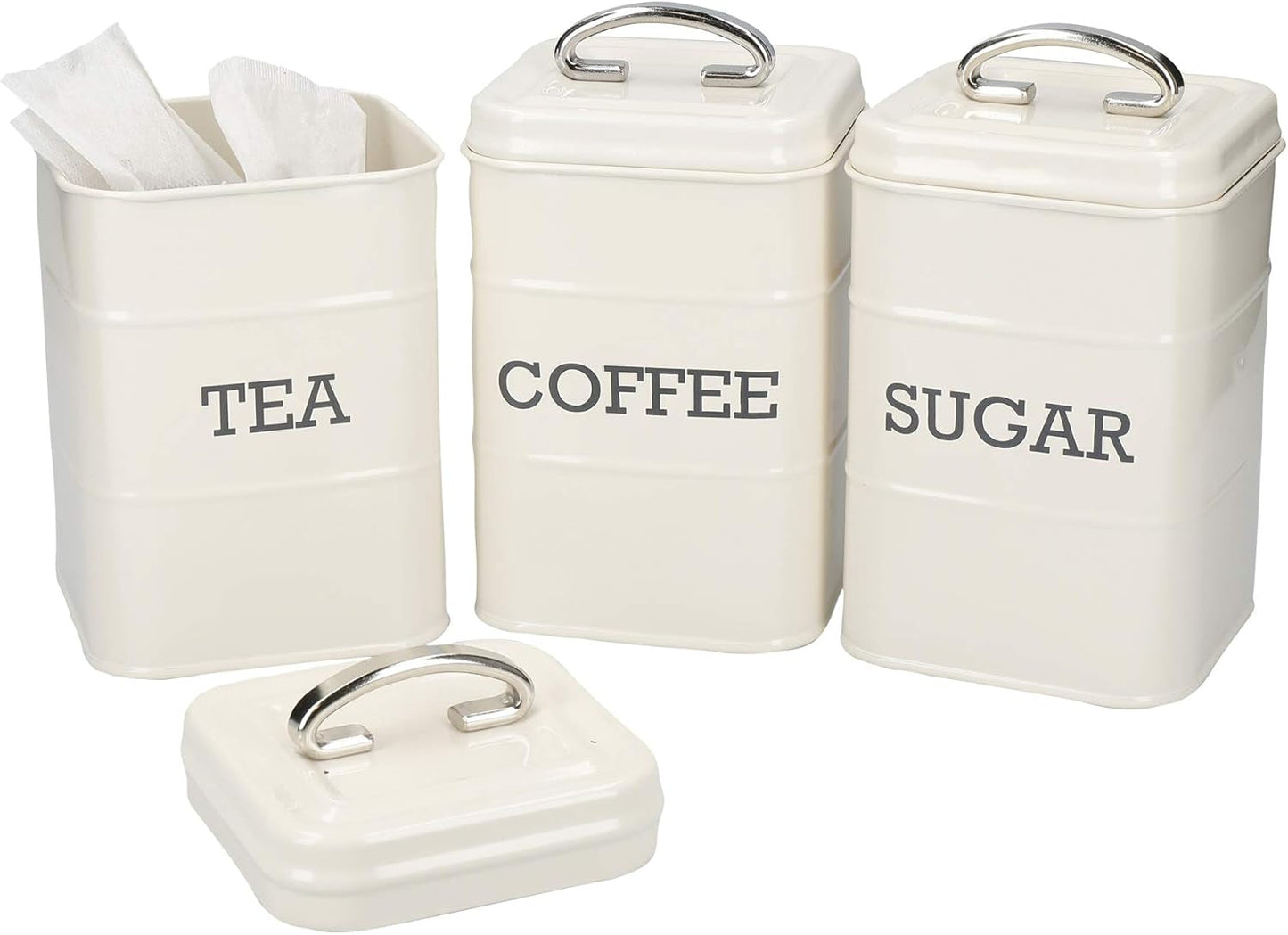 KitchenCraft Living Nostalgia set med 3 förvaringsburkar för te, socker och kaffe i presentförpackning, stål, antik kräm, 11 cm x 11 cm x 17 cm, vintageblå matförvaringslådor Naty Shop