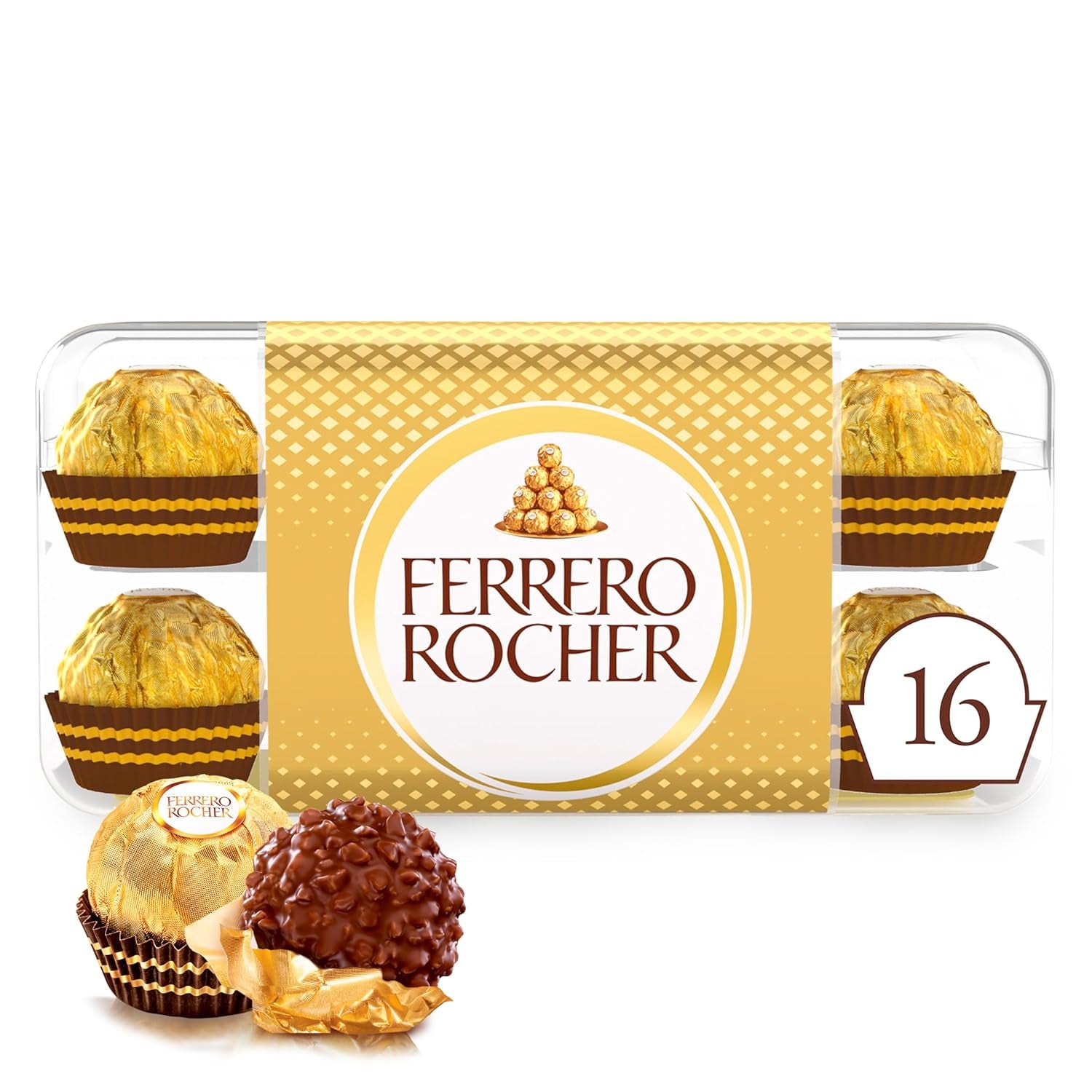 Ferrero Rocher - Krispiga och krämiga hasselnötspraliner - Alla hjärtans dag-present till honom och henne - 16 förpackningar med 4 individuella praliner