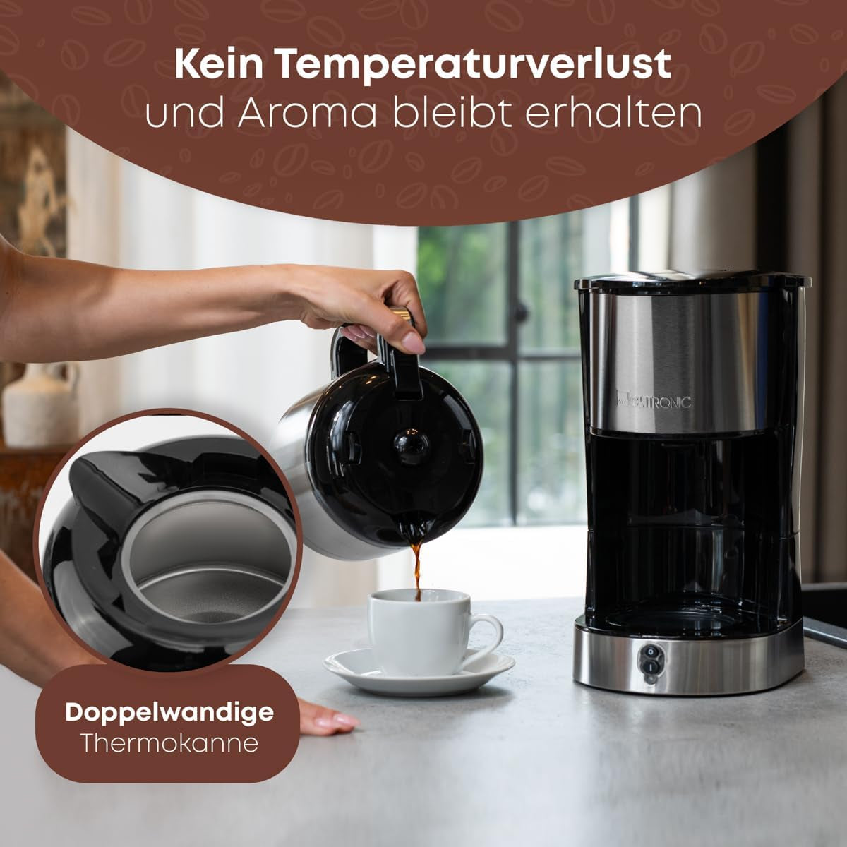 Clatronic® kaffebryggare med termokanna för 8–10 koppar kaffe (ca 1,2 l) | Kaffebryggare med filter i rostfritt stål | Dubbelvägg termokanna | Ingen temperaturförlust | Kaffebryggare 800 W | KA 3805