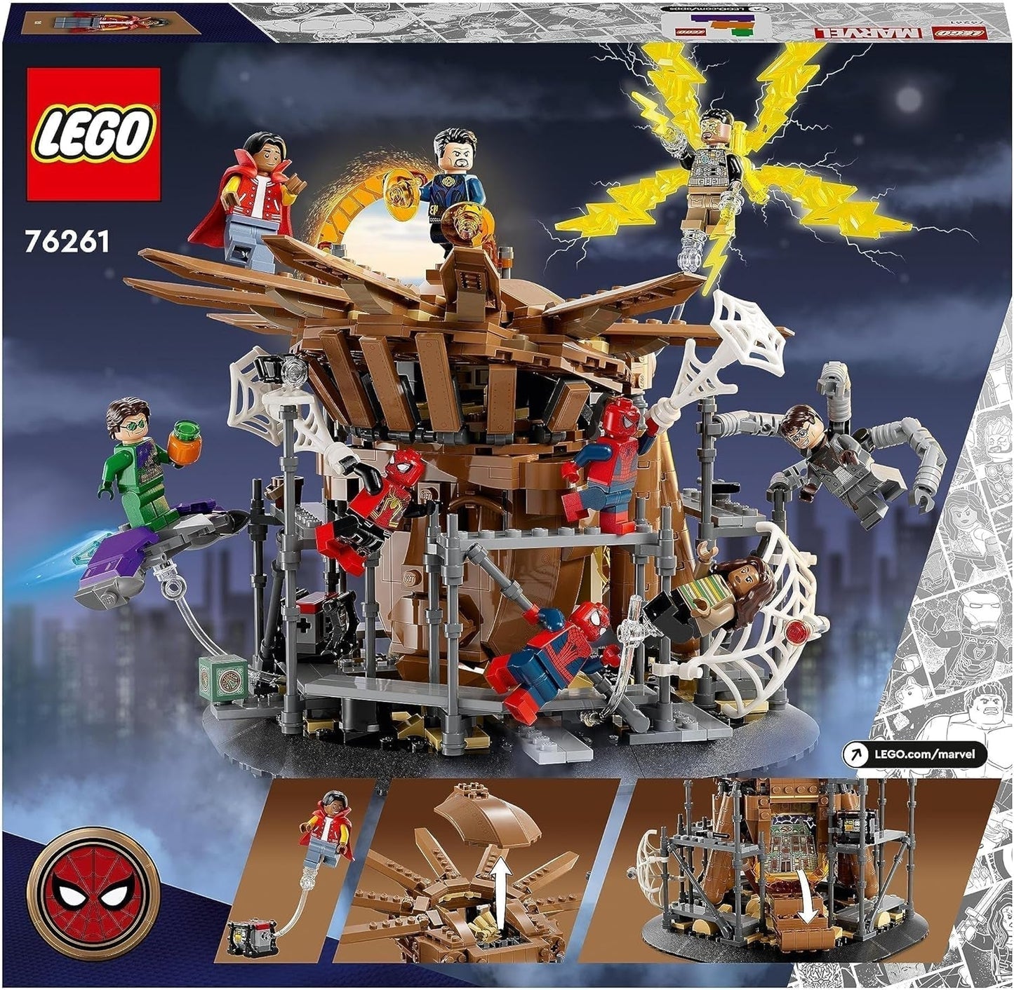 LEGO 76261 Marvel Spider-Man's Big Showdown, Spider-Man: No Way Home set med 3 minifigurer Peter Parker plus Green Goblin, Electro, Sandman, Ned, Doctor Strange och MJ, samlarmodell Byggset Besuche den LEGO-Store