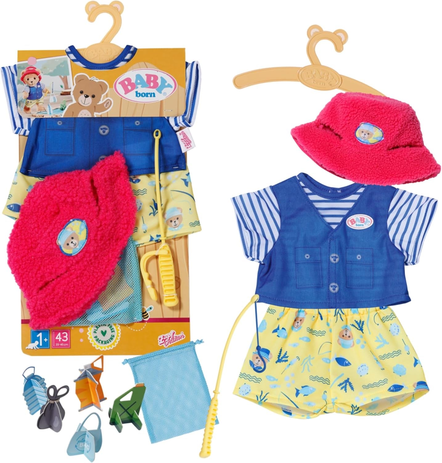 Babyfödd teddyfiskarkostym med fiskespö för 43 cm dockor och nallebjörn, 835982 Zapf Creation