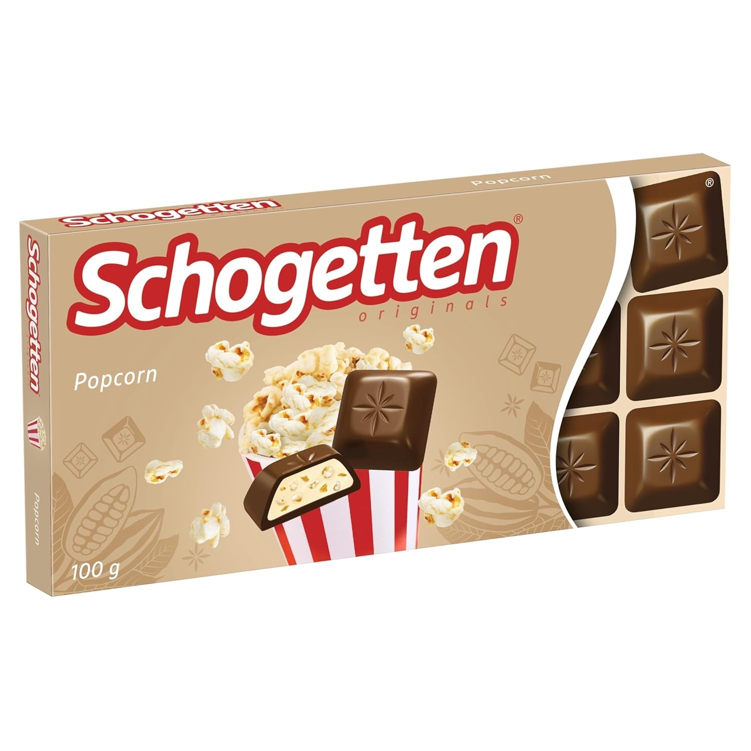 Schogetten popcorn 1 chokladkaka x 100g, mjölkchoklad med popcorn och majsbitar, praktiska enskilda bitar. En delikatess. Bit för bit.