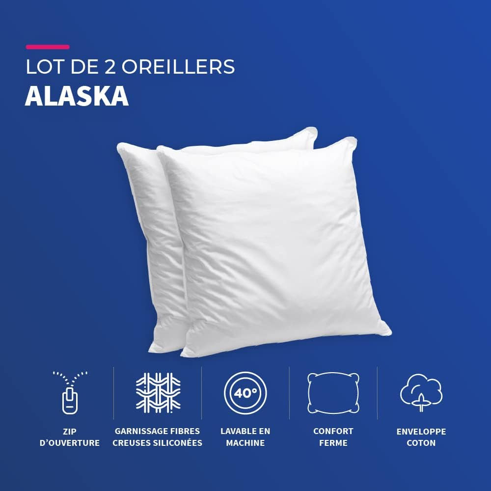 Blå Câlin Set med 2 kuddar med fast komfort "Alaska", superfyllning, 100 % bomull Percale kuvert, vit, 65 X 65 cm fyrkantig form Naty Shop standardkuddar
