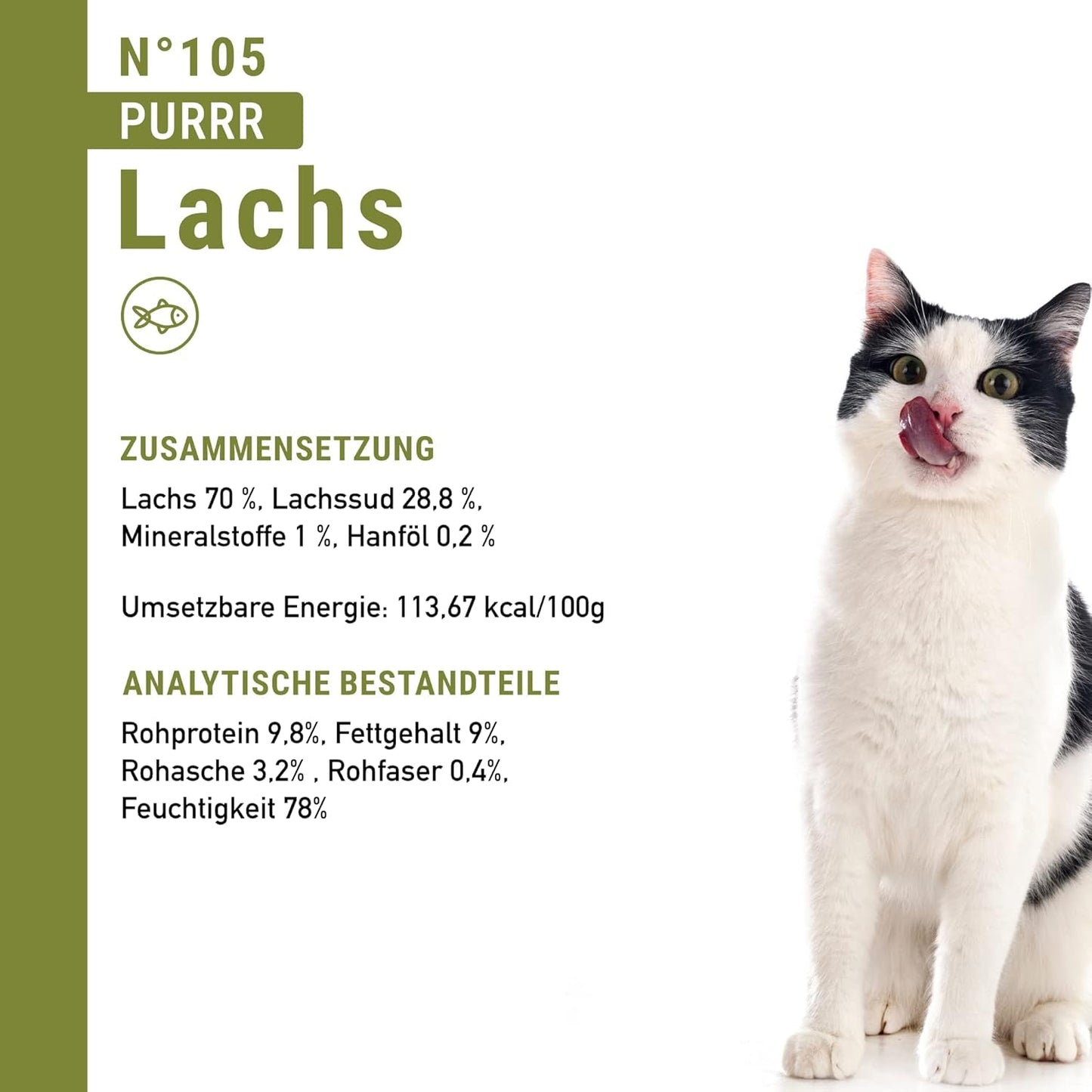 Våt kattmat Catz Finefood Purrrr med monoprotein och lax nr. 105, för katter med känslig matsmältning, 16 x 80 g
