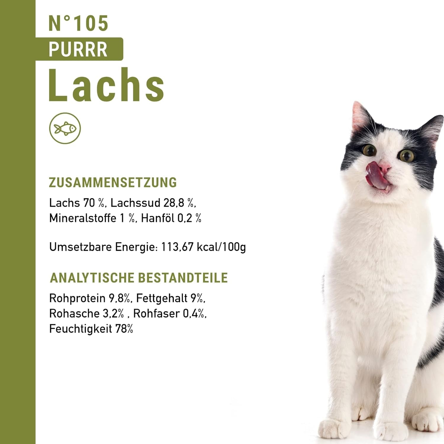 Våt kattmat Catz Finefood Purrrr med monoprotein och lax nr. 105, för katter med känslig matsmältning, 16 x 80 g