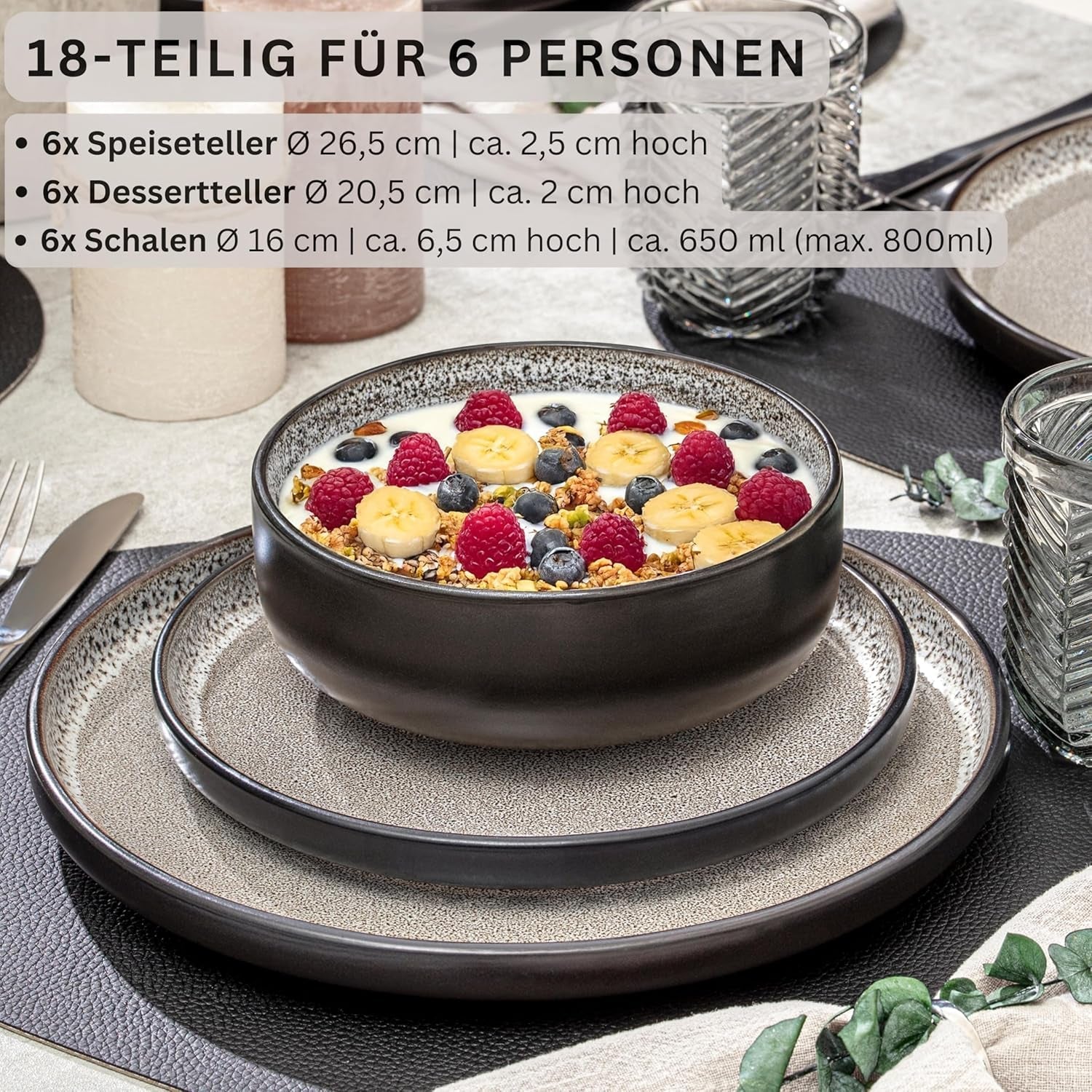 SÄNGER Luxor | Stengodsservis, 18 delar, tallrikar för 6, servisset (6 mattallrikar, 6 spannmålsskålar, 6 desserttallrikar), reptålig brun-beige servis | VÄRDESAMLING