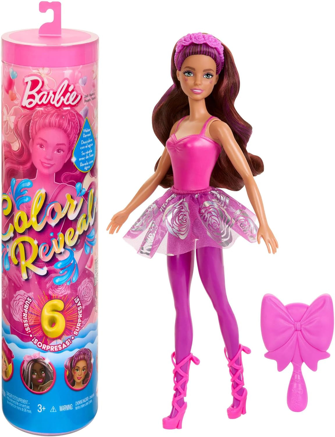 Barbie Color Reveal Doll och tillbehör, Ballerina-serien, 6 överraskningar att packa upp, inklusive färgbyte, Inspirerad av den huvudsakliga baletttrenden (stilar kan variera), HRK17 Naty Shop Dolls Standardtitel