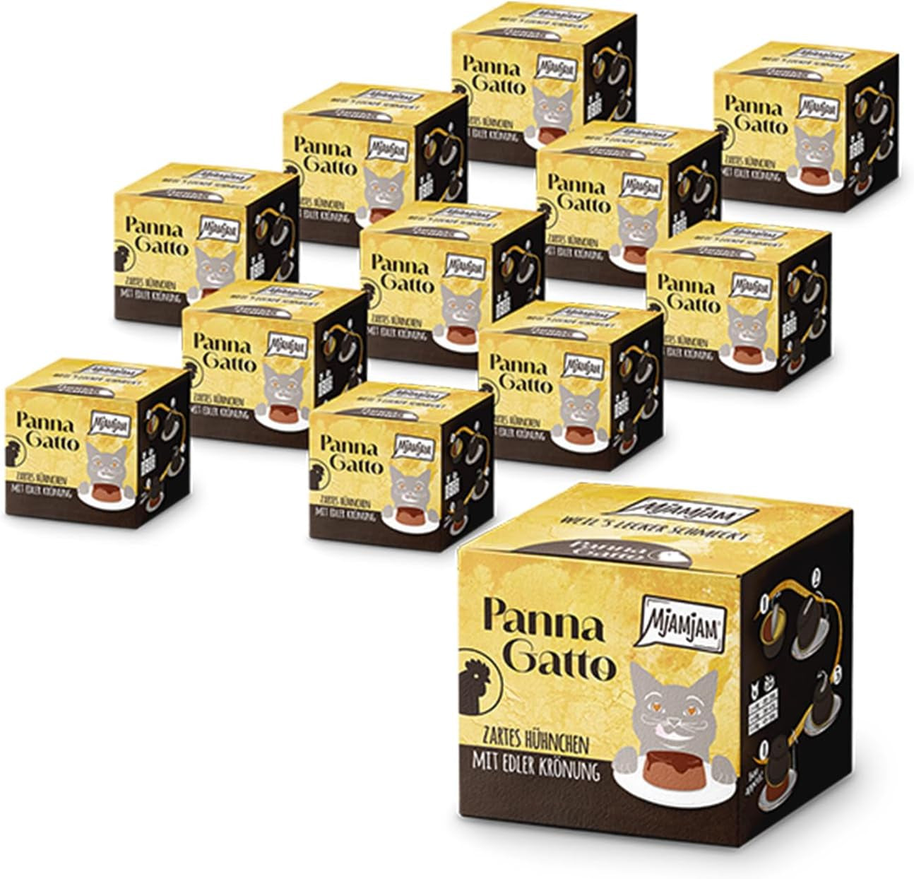MjAMjAM - Premium våtfoder för katter - Panna Gatto - mör kyckling med en ädel topping, förpackning om 12 (2x80g), spannmålsfri