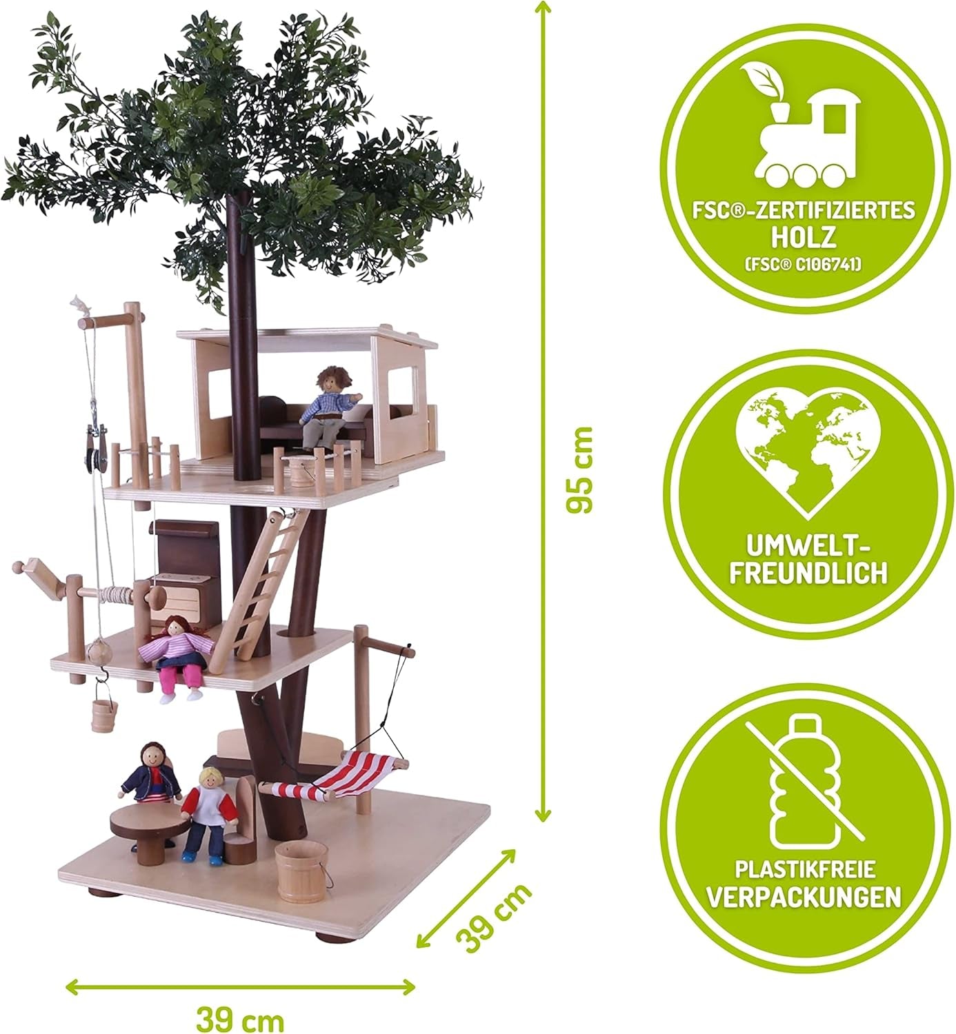 Everearth Wooden Treehouse - Dockhus för barn 3+ - Hållbar lekstuga med tillbehör - Fsc®-certifierad - Perfekt träleksak för fantasifull lek - Dockhusmöbler EE33767 Naty Shop Dollhouses