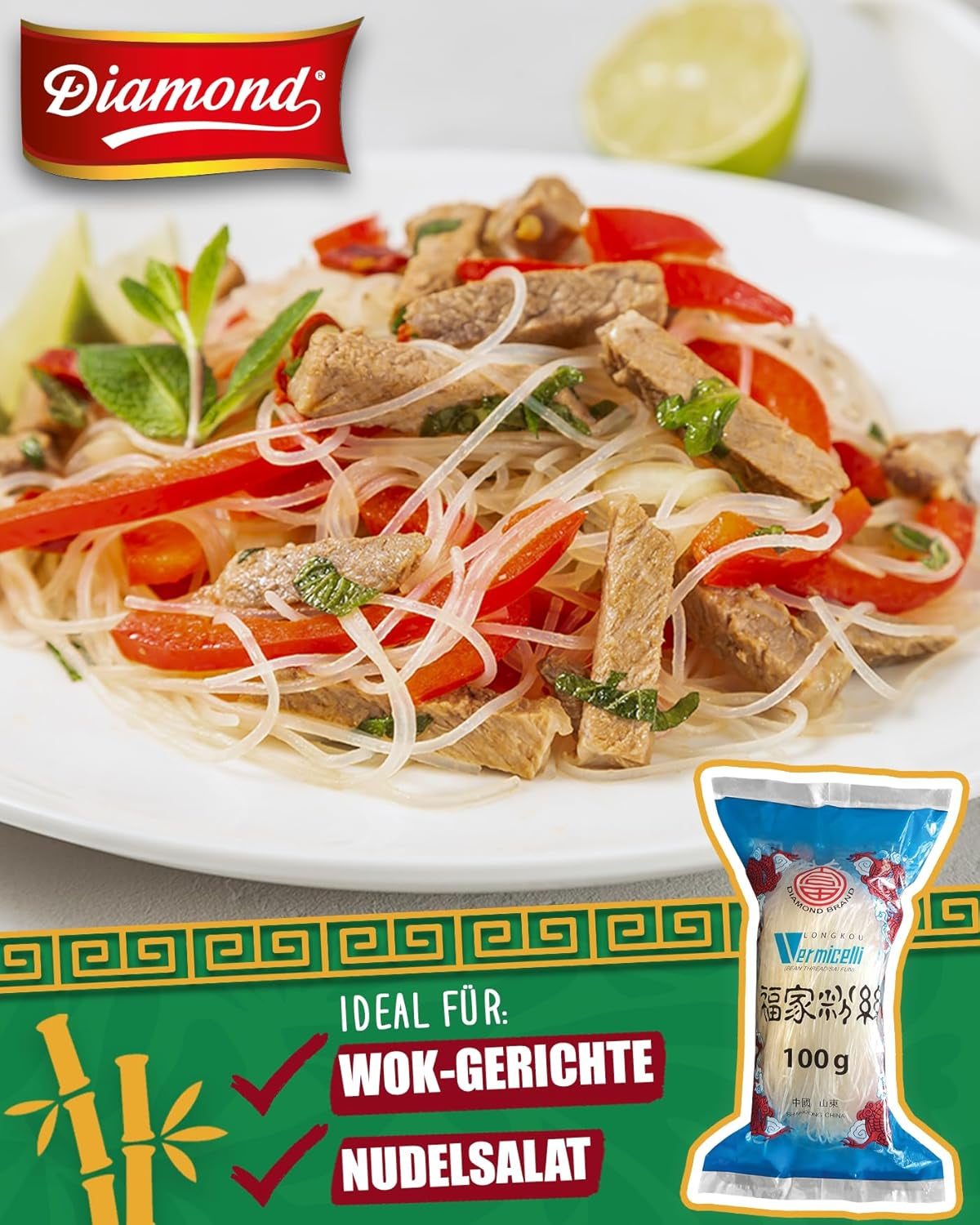 DIAMOND glasnudlar, långa glasnudlar, naturligt veganska och glutenfria - 1 x 100 g