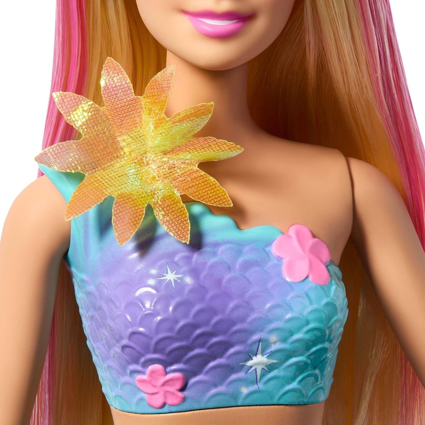 Barbie Meerjungfrauen-Spielzeug Puppe mit magischer Überraschungs Blüte, Schwanzflosse mit Farbverlauf, perlenbesetzten Haarreif och långa blonda Haar med rosa Strehchen, JDM72