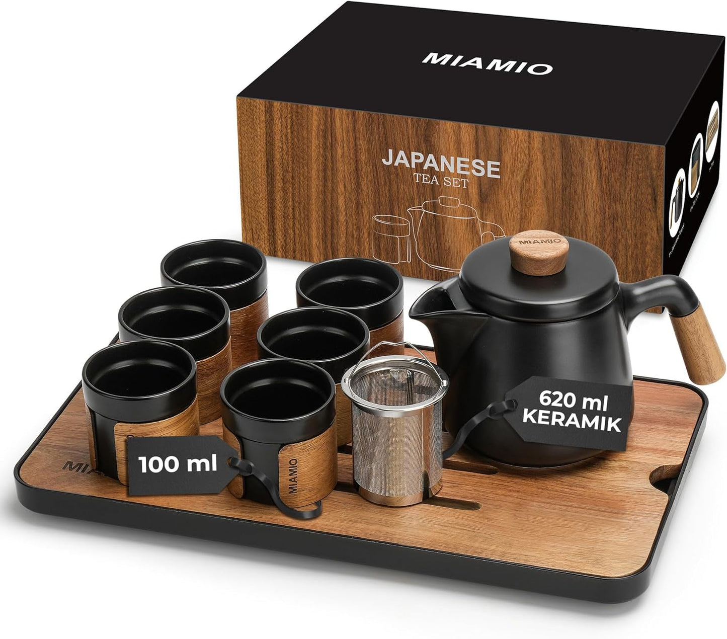 MIAMIO - Japansk/kinesiskt teservis 6 x 100 ml / asiatisk tekanna 620 ml med teinfuserare, traditionell japansk tekanna för teälskare/män/kvinnor (svart)
