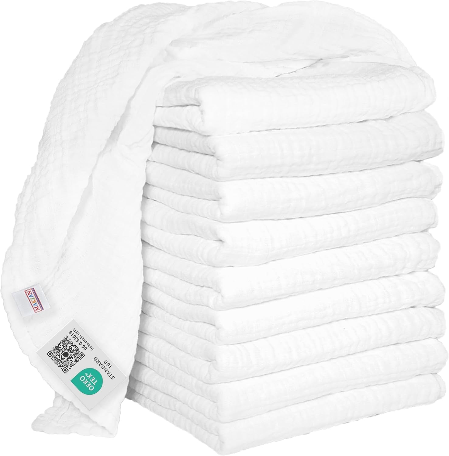 MAKIAN Muslin Squares, paket med 10, 80x80 cm, Oeko-TEX® Standard 100 Certified, 10 Premium Burp-dukar - Dubbelvävda tygrutor / Muslin Squares, Kokbeständig - Vit