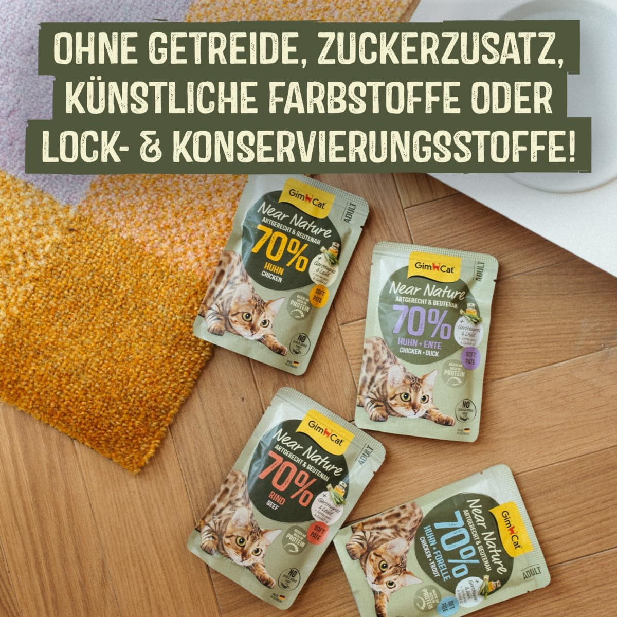 GimCat Near Nature Trial Mix 12-pack - Våtkornsfritt foder för katter från 7 månader med ett lämpligt och bytesspecifikt recept - 12 påsar (12 x 85g)