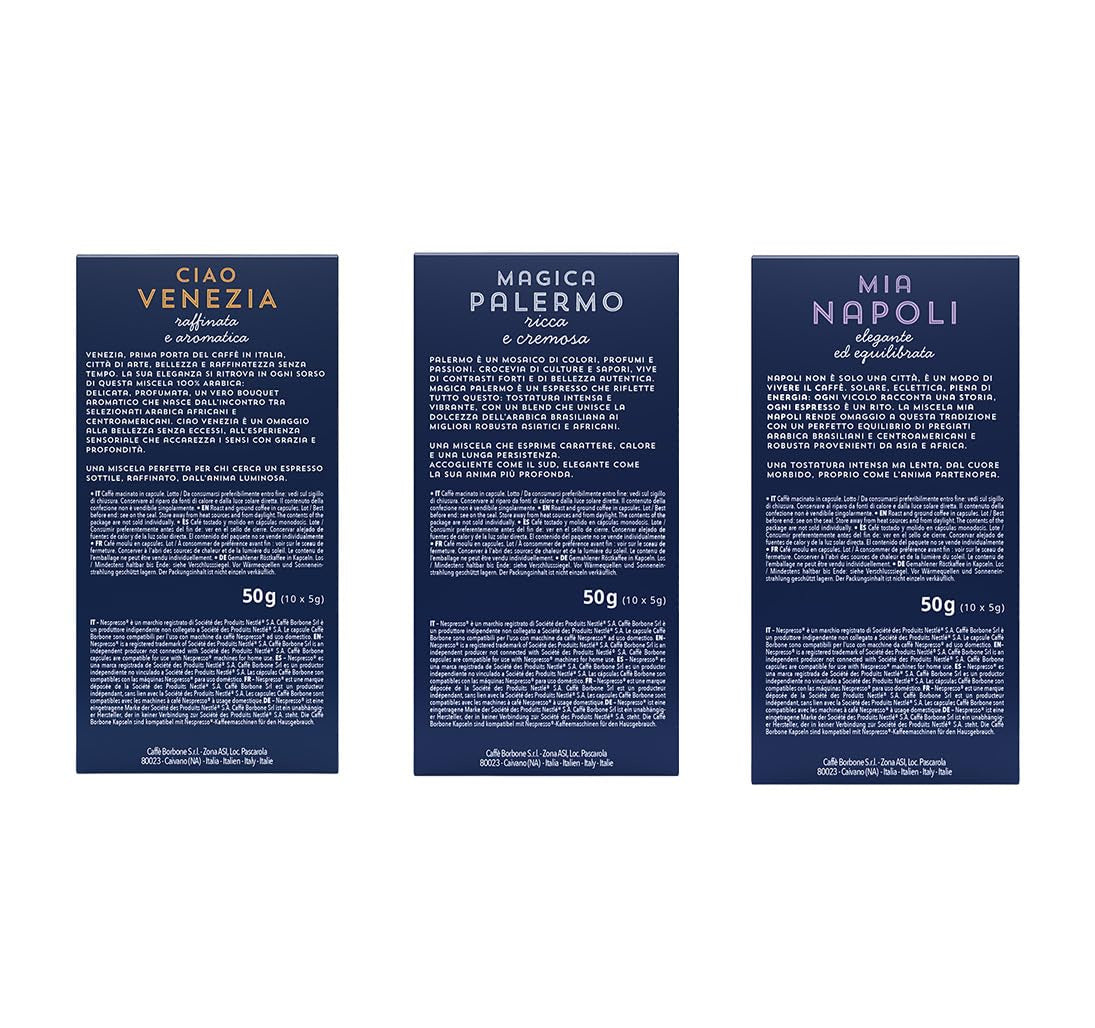 Caffè Borbone Verkostung Kit, 90 aluminiumkapslar: 30 Mia Napoli, 30 Ciao Venezia, 30 Magica Palermo, (3 x 30 Stück) – Kompatibel med Kaffeemaschinen für den Hausgebrauch av märket Nespresso®*