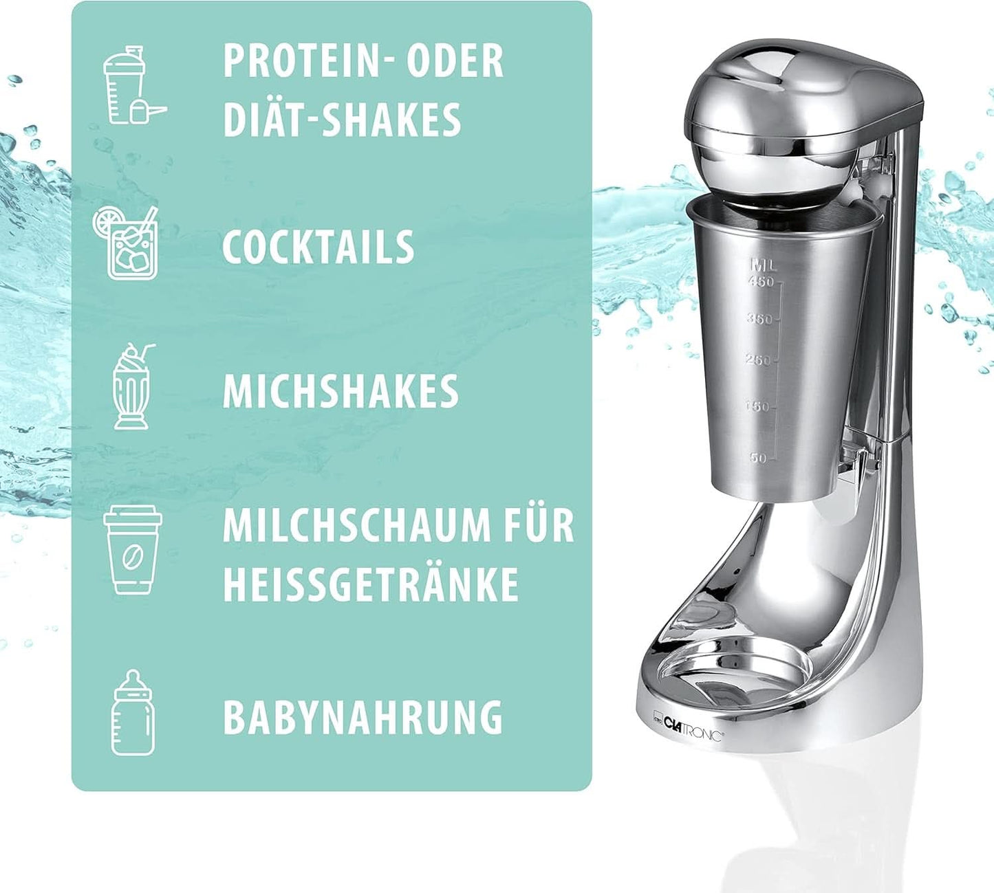 Clatronic® Barmixer U. Milchaufschäumer | Smoothie Maker | 650Ml Edelstahlbehälter | Praktischer Becherhalter | Blandare | 2 Geschwindigkeitsstufen | Kraftvoller 65 Watt Motor | Chromdesgin | BM 3472 Kitchen Naty Shop