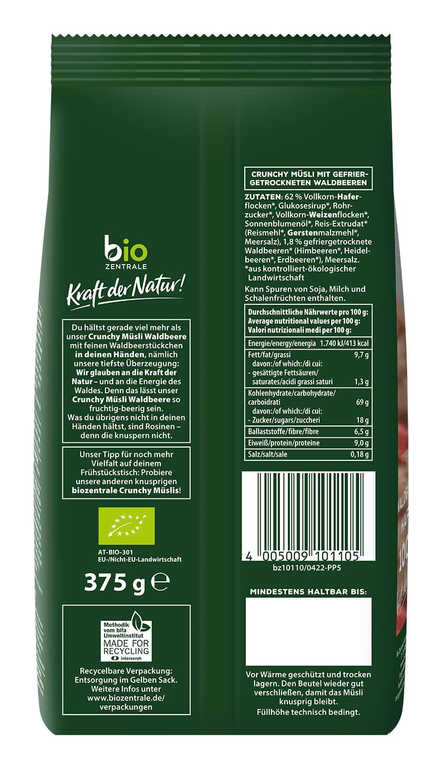 Krispig müsli med bär Biozentrale | 375 g ekologisk müsli | Perfekt för frukost och din kopp takeaway-müsli | Ett alternativ till müslibars
