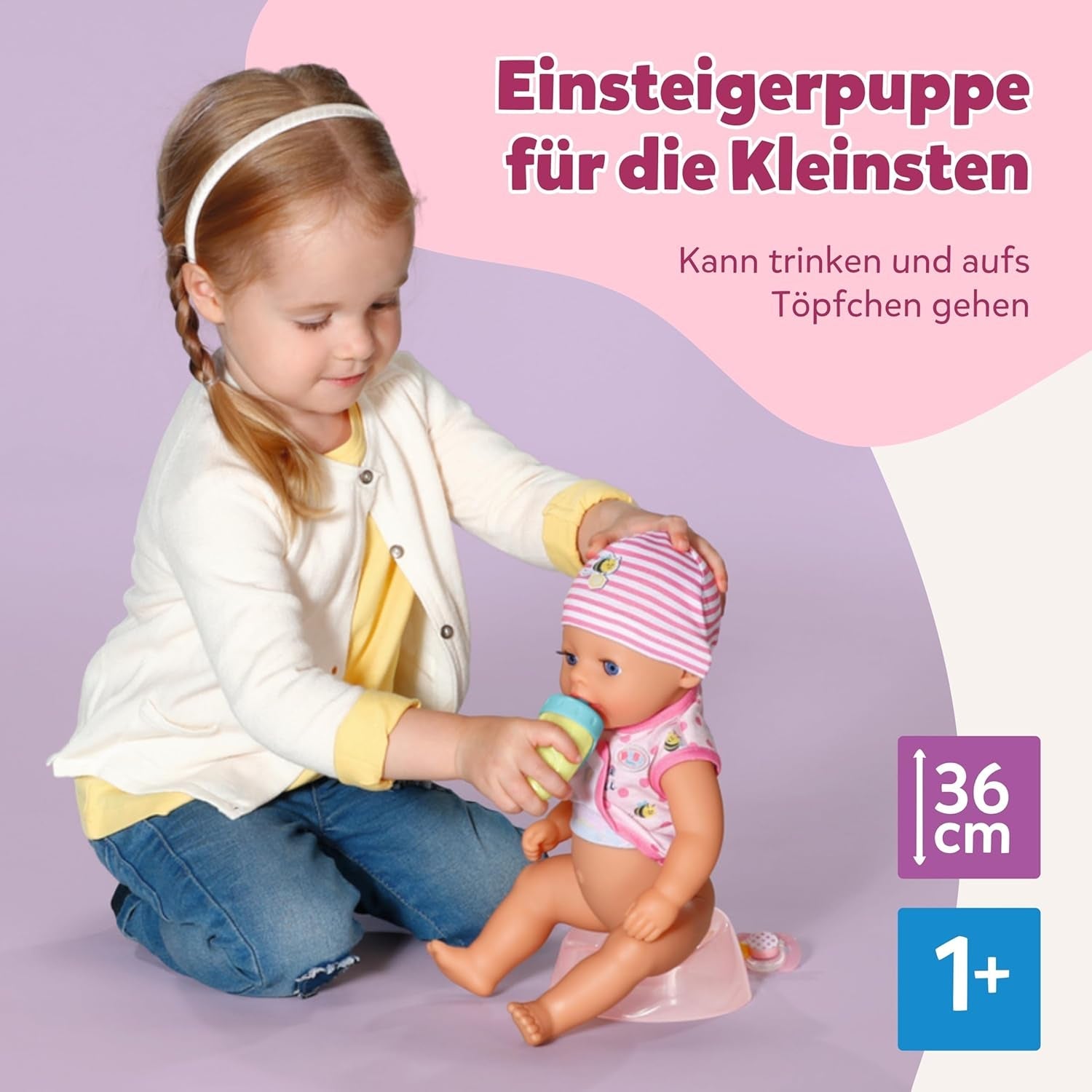 BABY Born Lena (Girl) - babydocka 36 cm - 7 funktioner inklusive tillbehör och madrass - Fungerar helt utan batterier - Passar små barn från 1 år