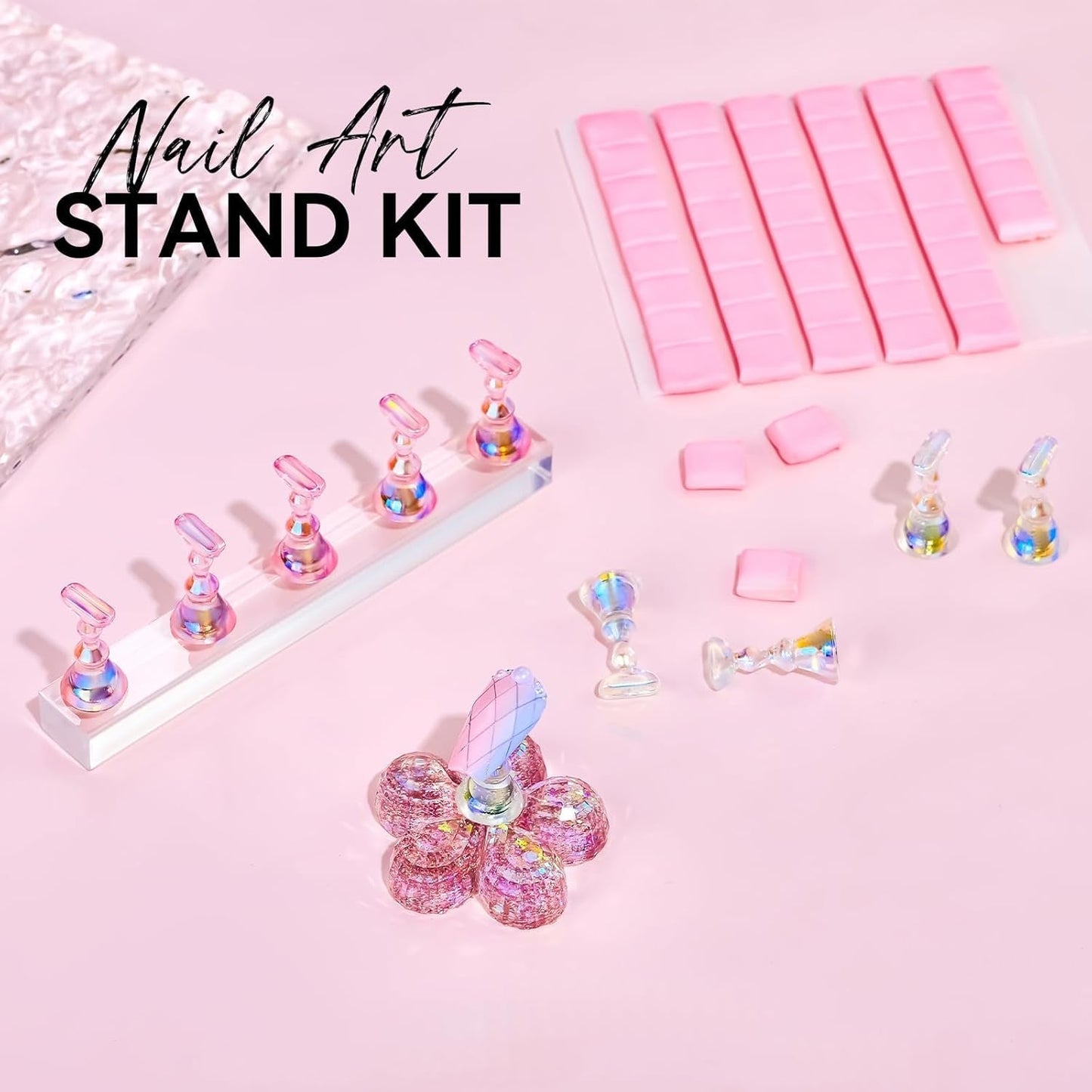 Makartt akryl nagelhållare, magnetisk nagelhållare, nagelhållare, transparent rosa nagelhållare med 48 självhäftande spackel