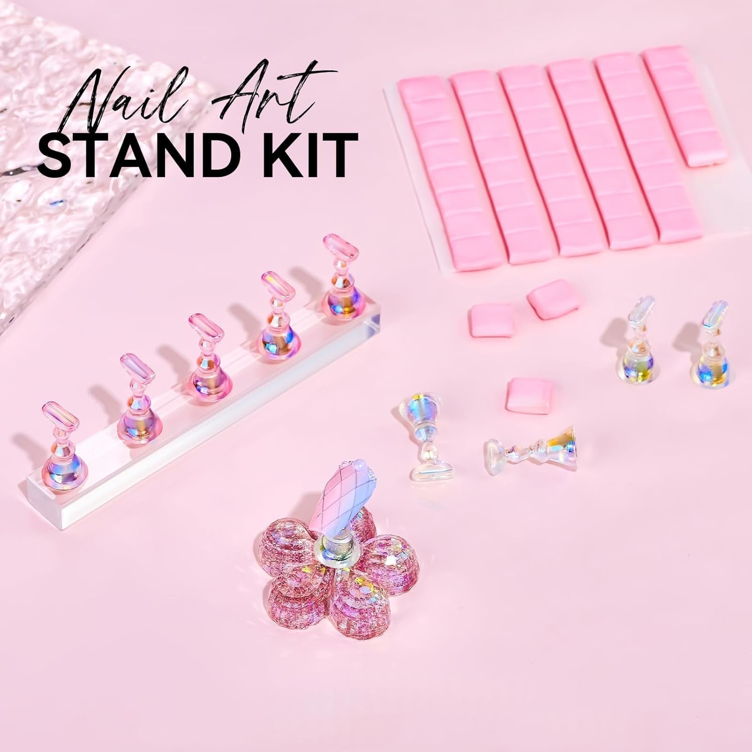 Makartt akryl nagelhållare, magnetisk nagelhållare, nagelhållare, transparent rosa nagelhållare med 48 självhäftande spackel