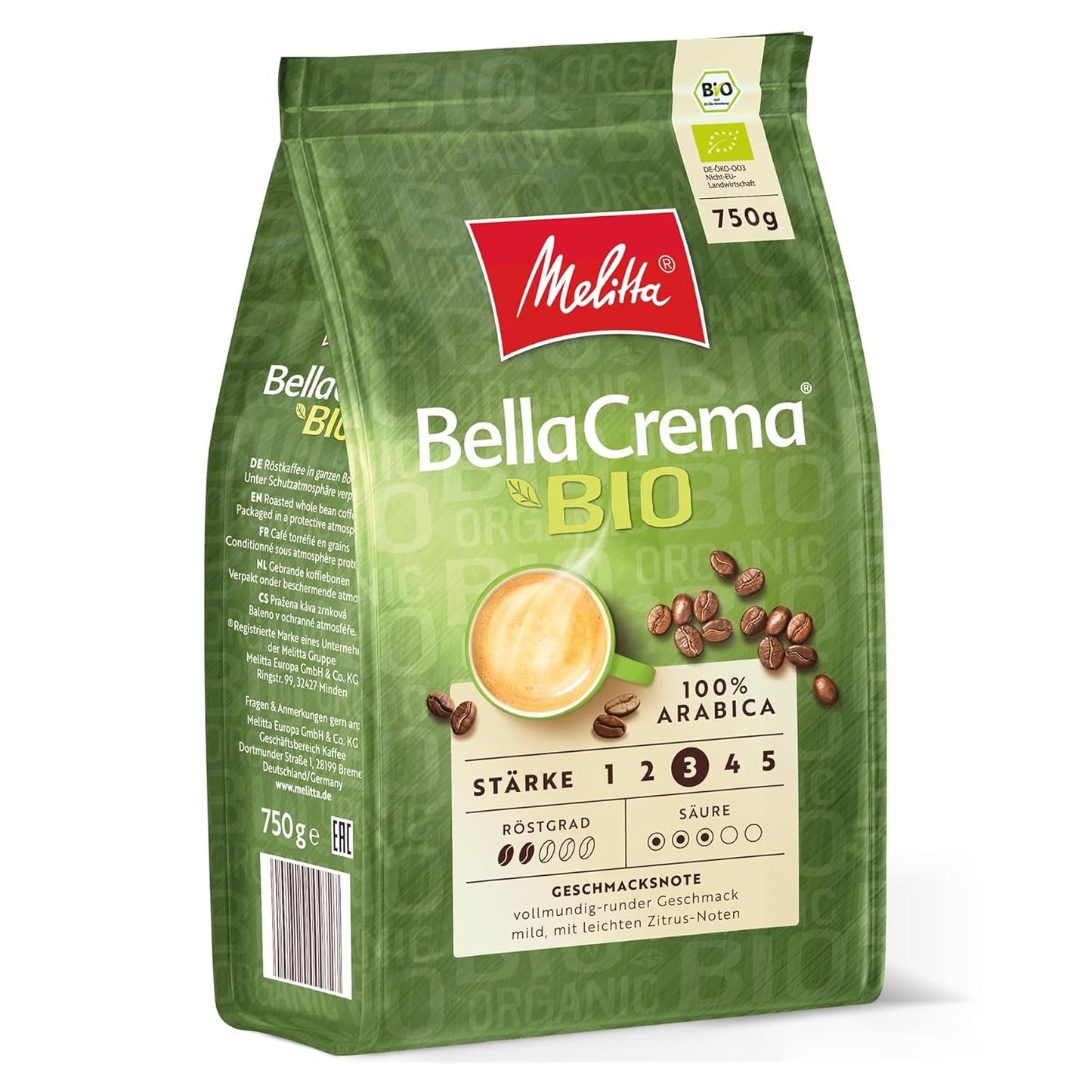 Melitta BellaCrema ekologiska hela kaffebönor, omalda, kaffebönor för automatiska kaffemaskiner, lättrostade, rostade i Tyskland, styrka 3, 750 g