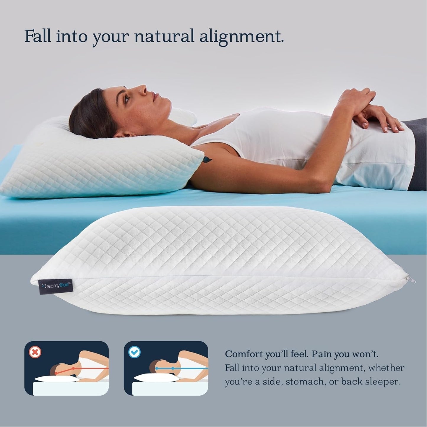 Dreamyblue Premium Sömnkudde - Strimlad Memory Foam Fyllning [Justerbar Loft] Tvättbart bambu-vunnet Viskosöverdrag - För glidande sidor, rygg och mage - Naty Shop Standardkuddar