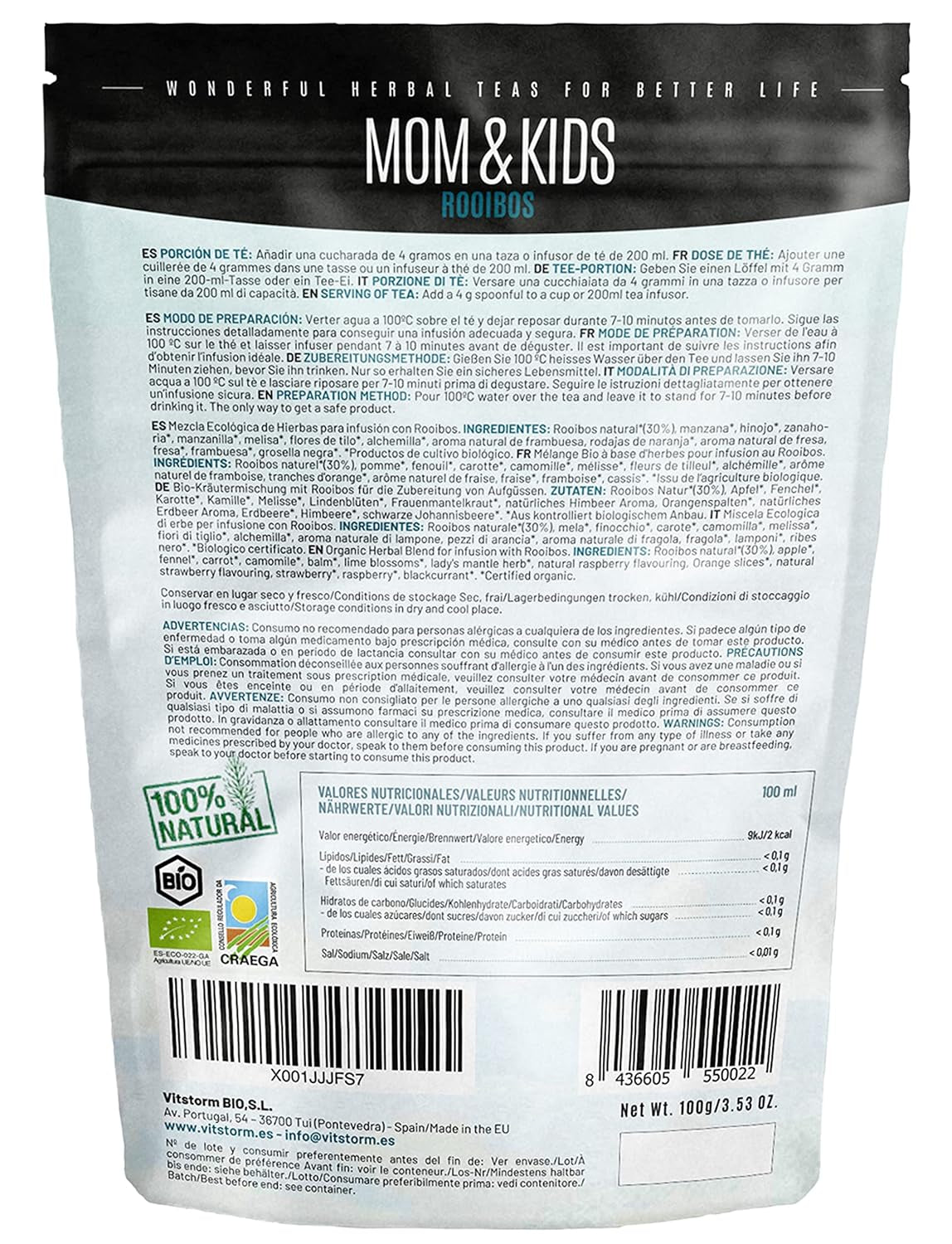 VITSTORM® BIO TEE Mom & Kids - Te för kvinnor och ammande - Rooibos, äpple, fänkål, citronmeliss, alchemilla, jordgubb - Avkopplande te - Fruktigt och gott - Koffeinfritt - Örtte 100 g