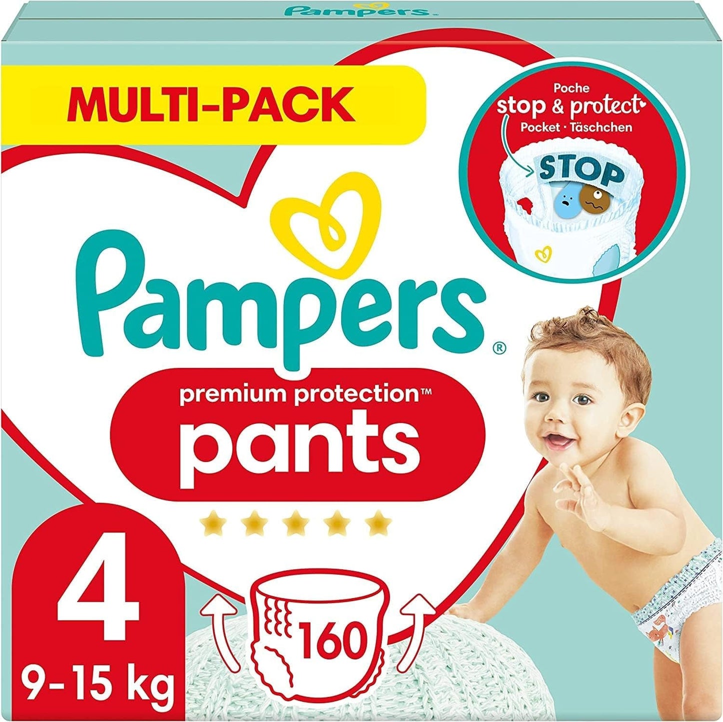 Pampers Premium Protection Pants Storlek 7, 123 Blöjor, 15 kg+, med 360° justering och mjuka anti-läcka muddar för optimal komfort och skydd