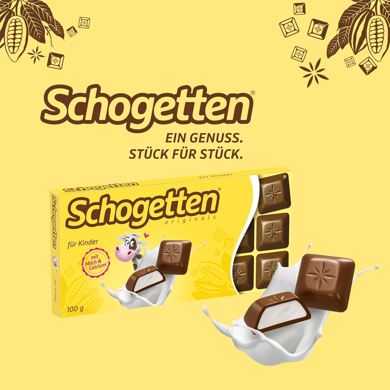 Schogetten för barn, chokladkaka 100g, mjölkchoklad med krämig mjölkfyllning, bekvämt portionerad. En delikatess. Bit för bit.