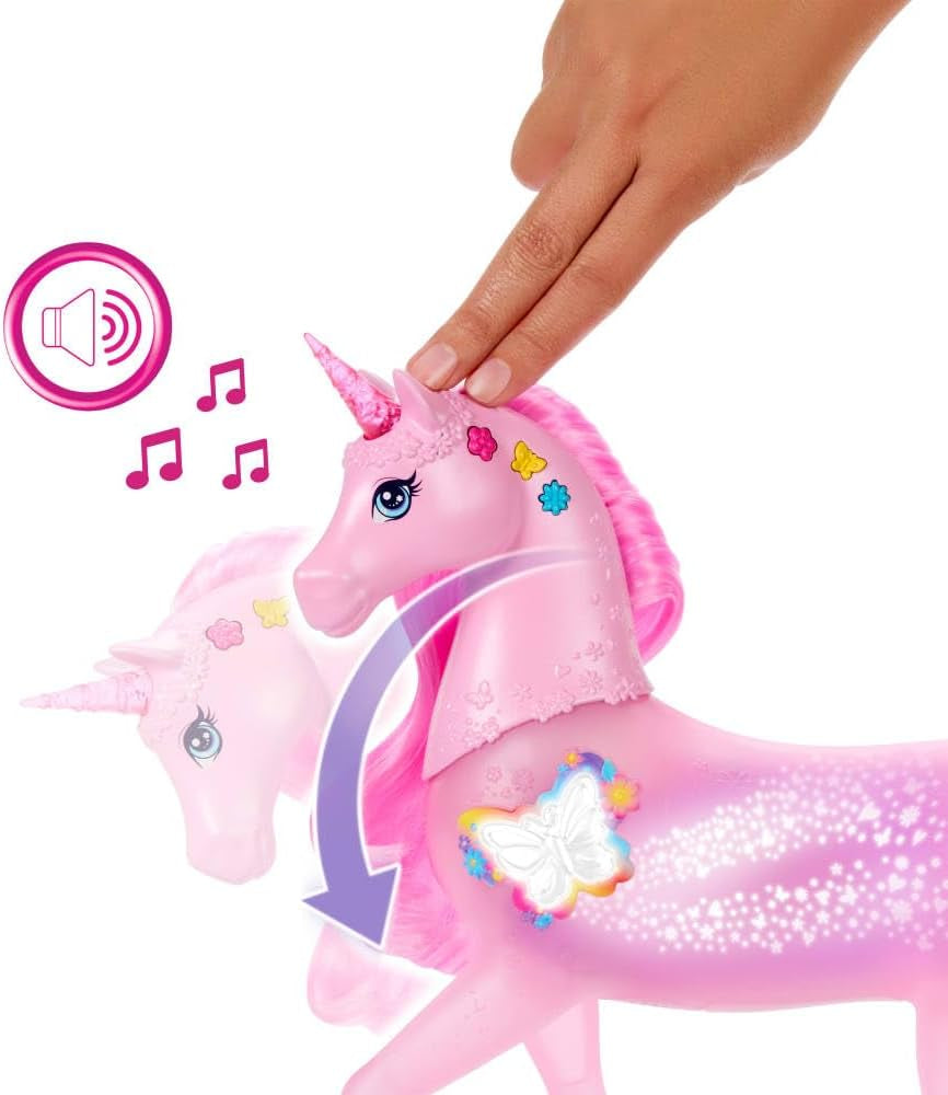Barbie glöd-i-mörkret enhörning med 20 interaktiva kombinationer av ljus-, ljud- och musikeffekter för tryckknapps- och huvudstrykning, JCP78