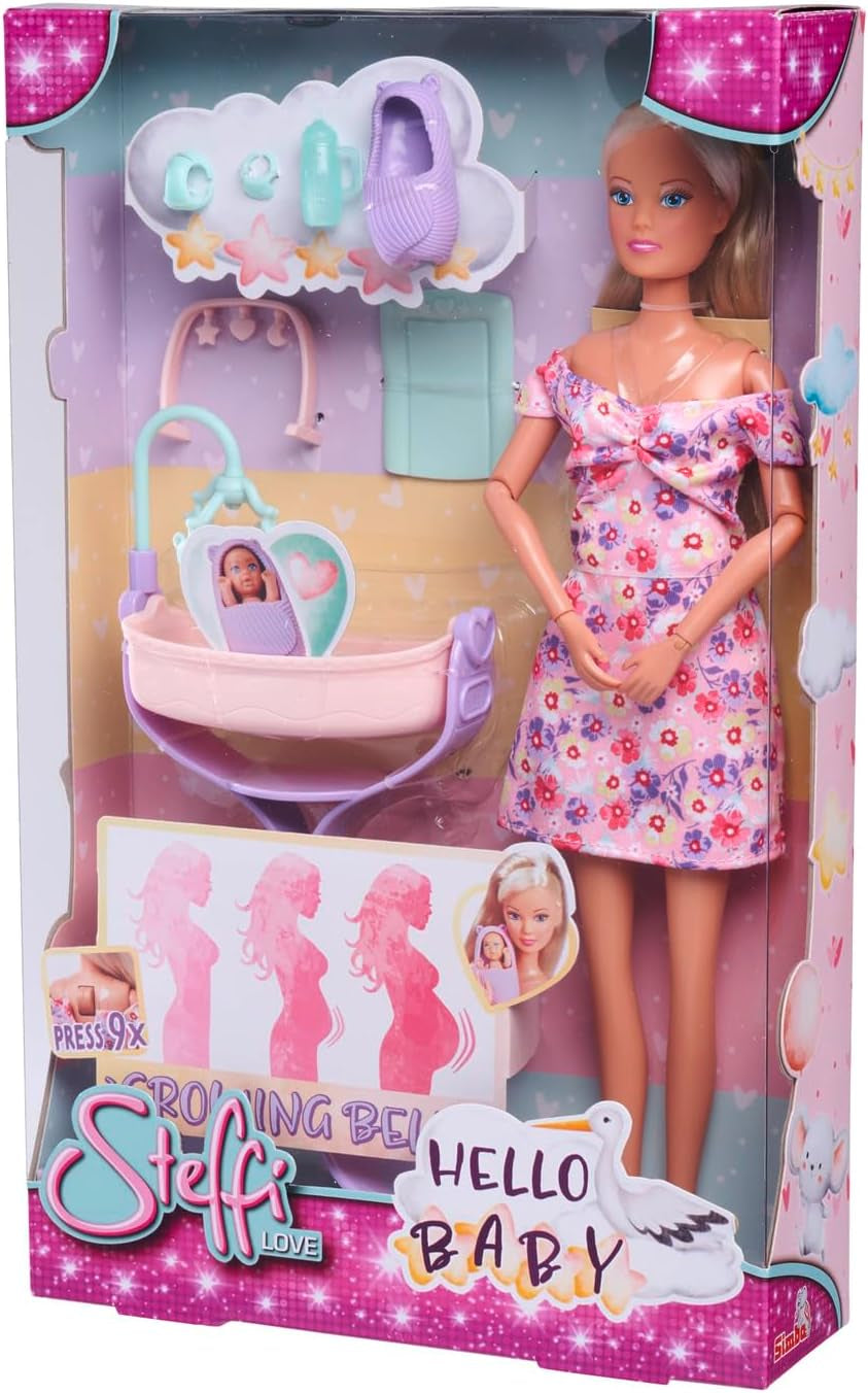 Simba 105733680 Steffi Love Doll Hello Baby (29 cm) - Gravid docka med växande mage, babydocka och tillbehör - Leksak för barn, tjejer och pojkar från 3 år