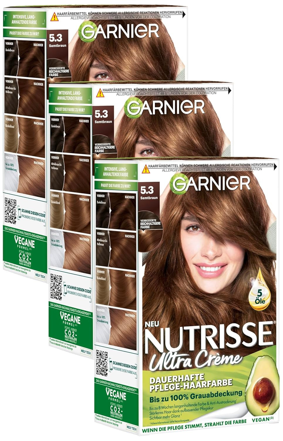 Garnier Nutrisse Permanent Care Hårfärg med närande fruktoljor 8 Vecka Hold Color Ultra Crème Tint 053 Velvet Brown (Pack of 3) Naty Shop Hårfärg Standardtitel