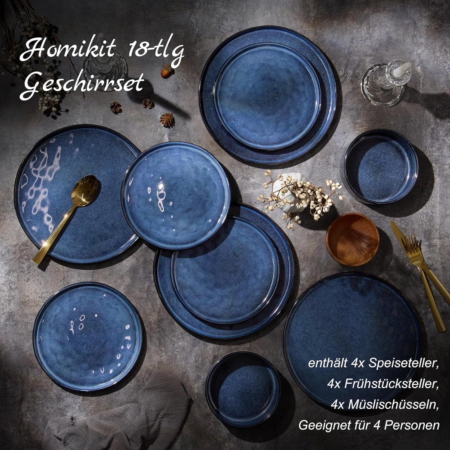 Homikit servisset, 12-delat servisset för 4, middagsservicekombination med tallrikar, desserttallrikar och spannmålsskålar, tål mikrovågsugn och diskmaskin, elegant blå