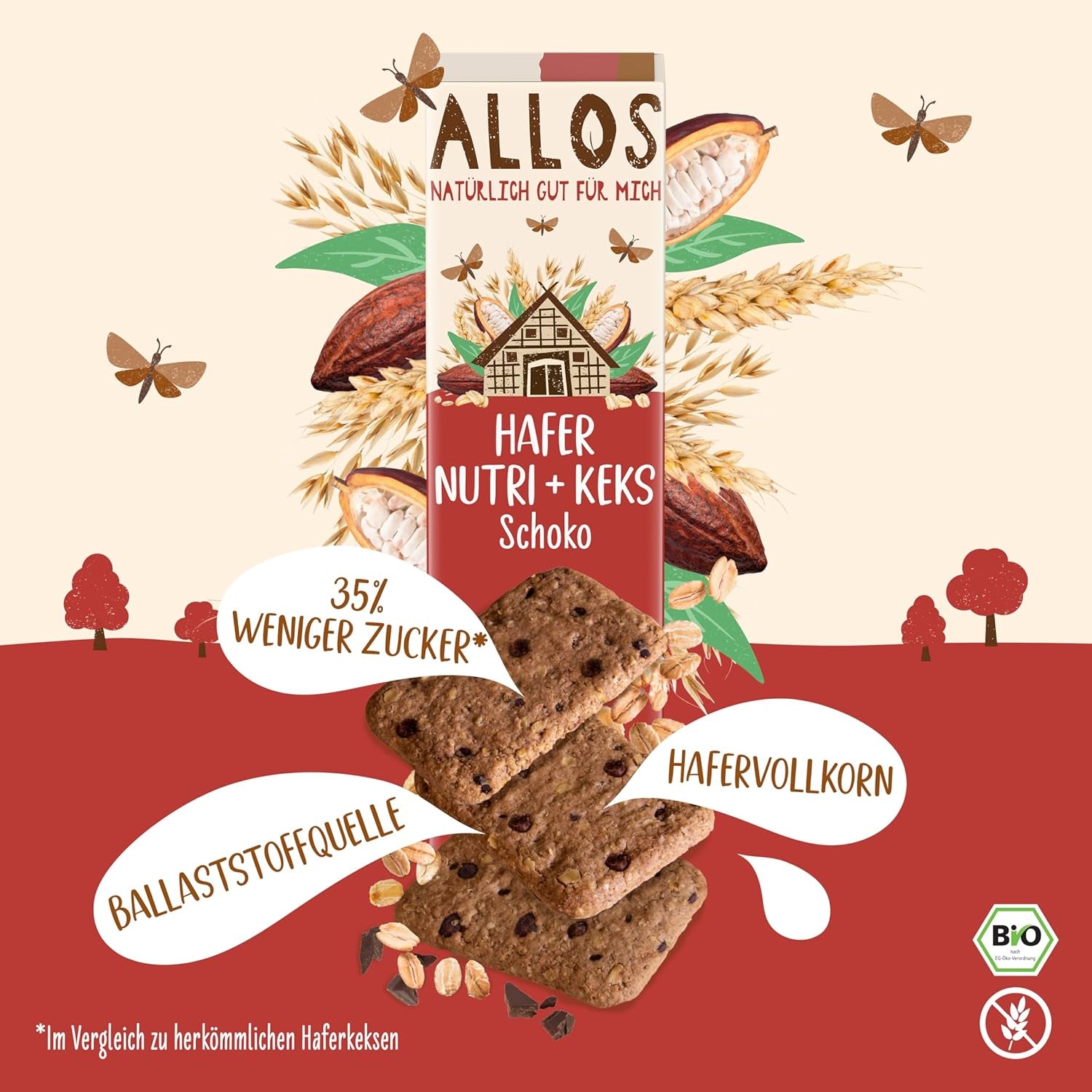 Kex med havre och ekologisk choklad Allos | Knäckig havrechokladkex | Söta med honung 6 x 130g