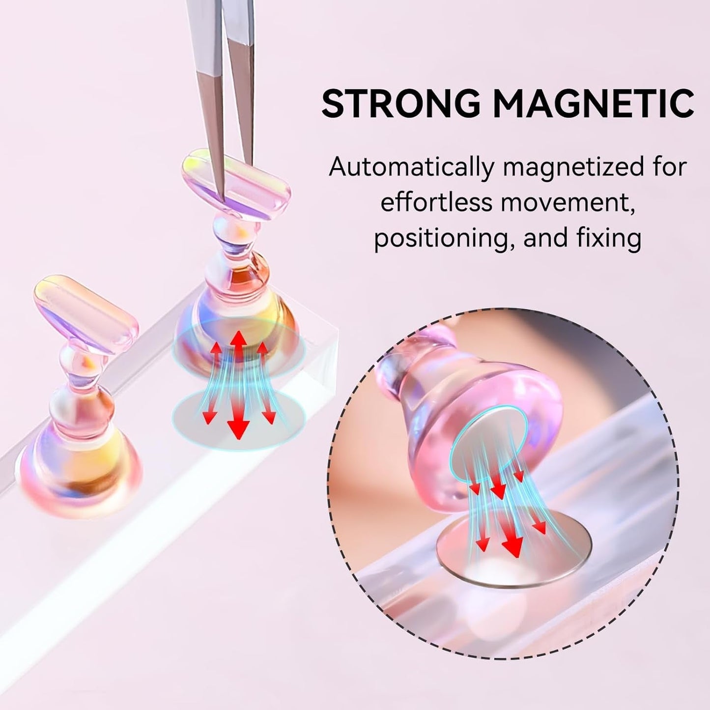 Makartt akryl nagelhållare, magnetisk nagelhållare, nagelhållare, transparent rosa nagelhållare med 48 självhäftande spackel