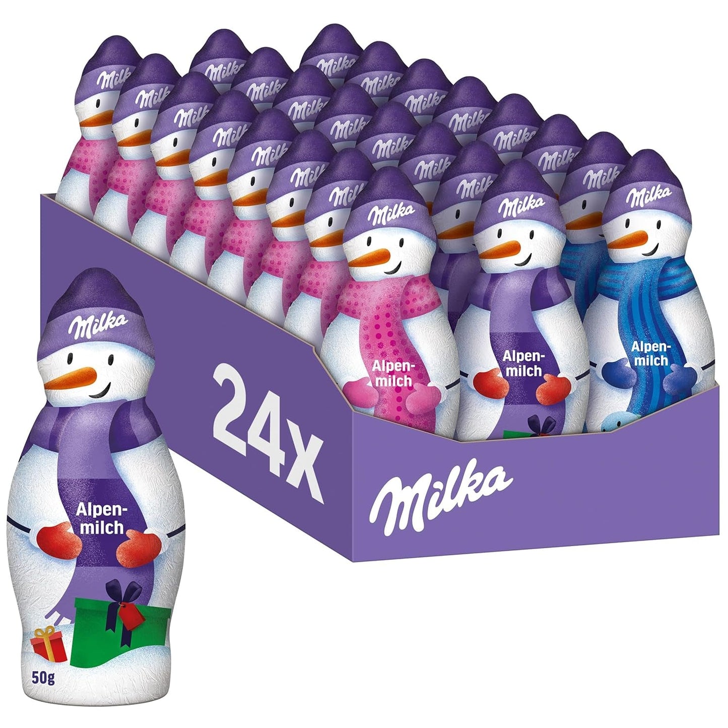 Milka Snowman Alpine Milk - Stort paket med chokladsnögubbsfigurer i 3 modeller - 24 x 50g