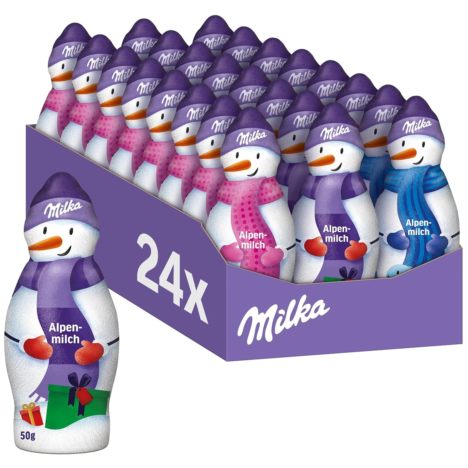 Milka Snowman Alpine Milk - Stort paket med chokladsnögubbsfigurer i 3 modeller - 24 x 50g