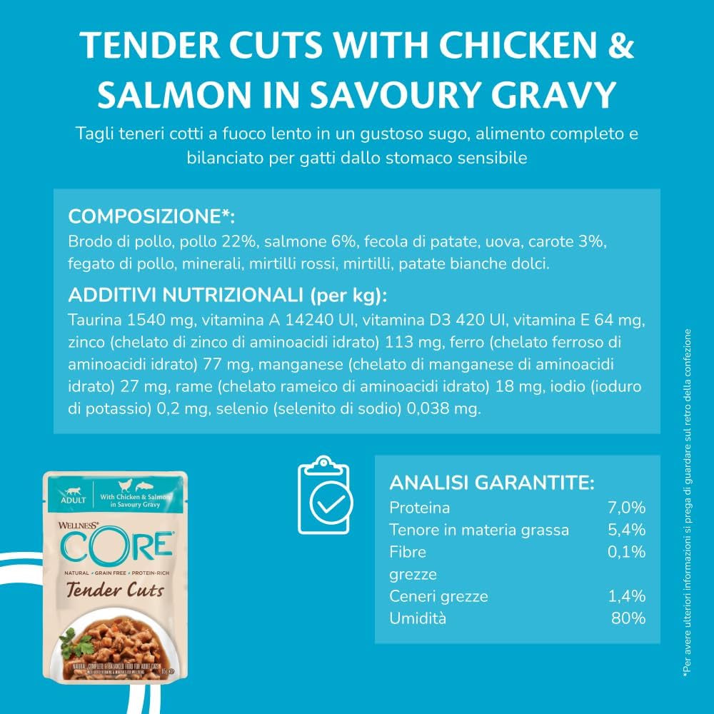 Wellness CORE Tender Cuts 6 x 85g, Kyckling Selection Mix - Våtfoder för katter, möra bitar i sås, spannmålsfria, naturliga, hypoallergena, rik på protein, hög kötthalt
