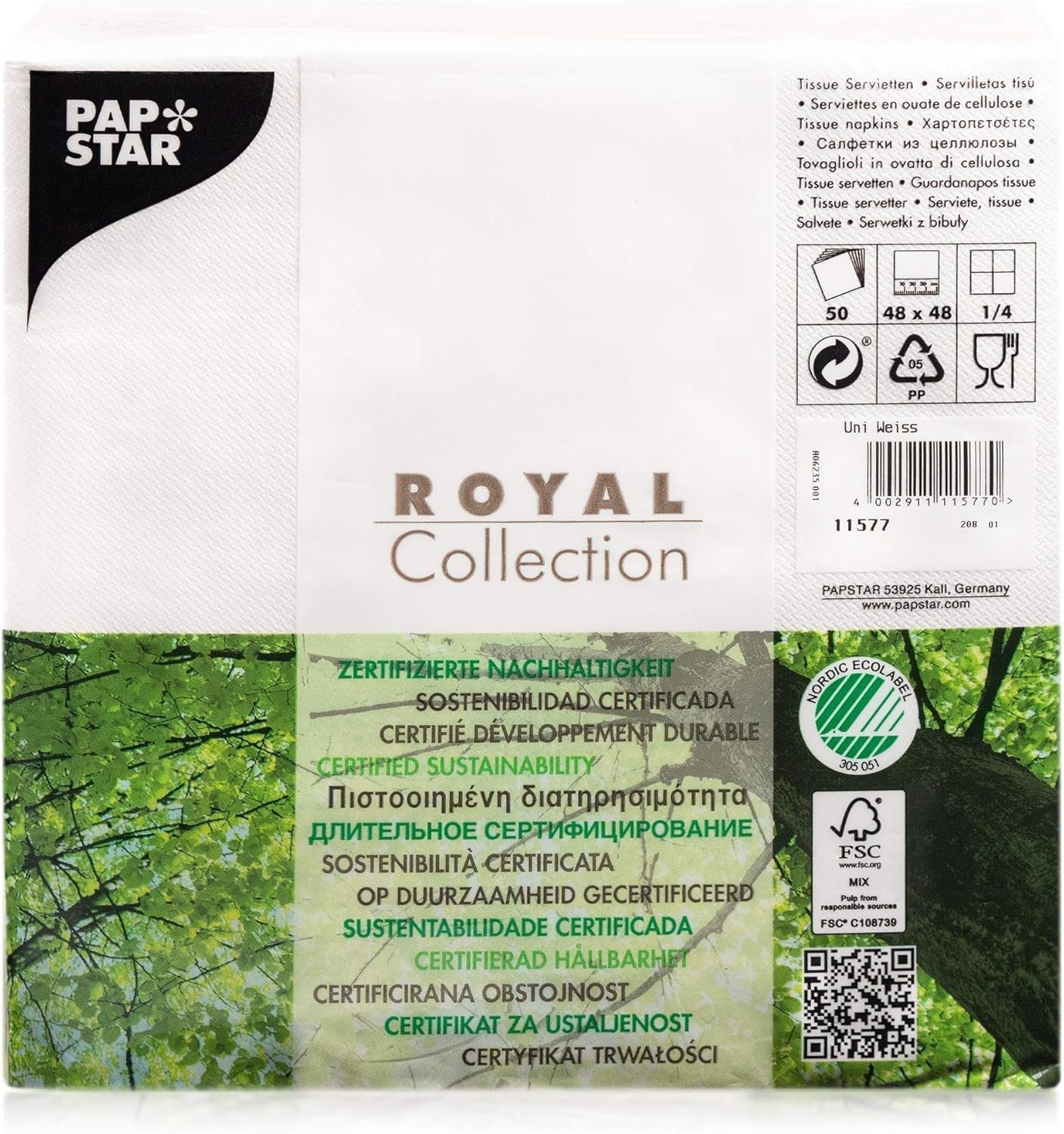 Papstar, 50 servetter "ROYAL Collection" 1/4-faldigt 48 Cm X 48 Cm Vit, #11577