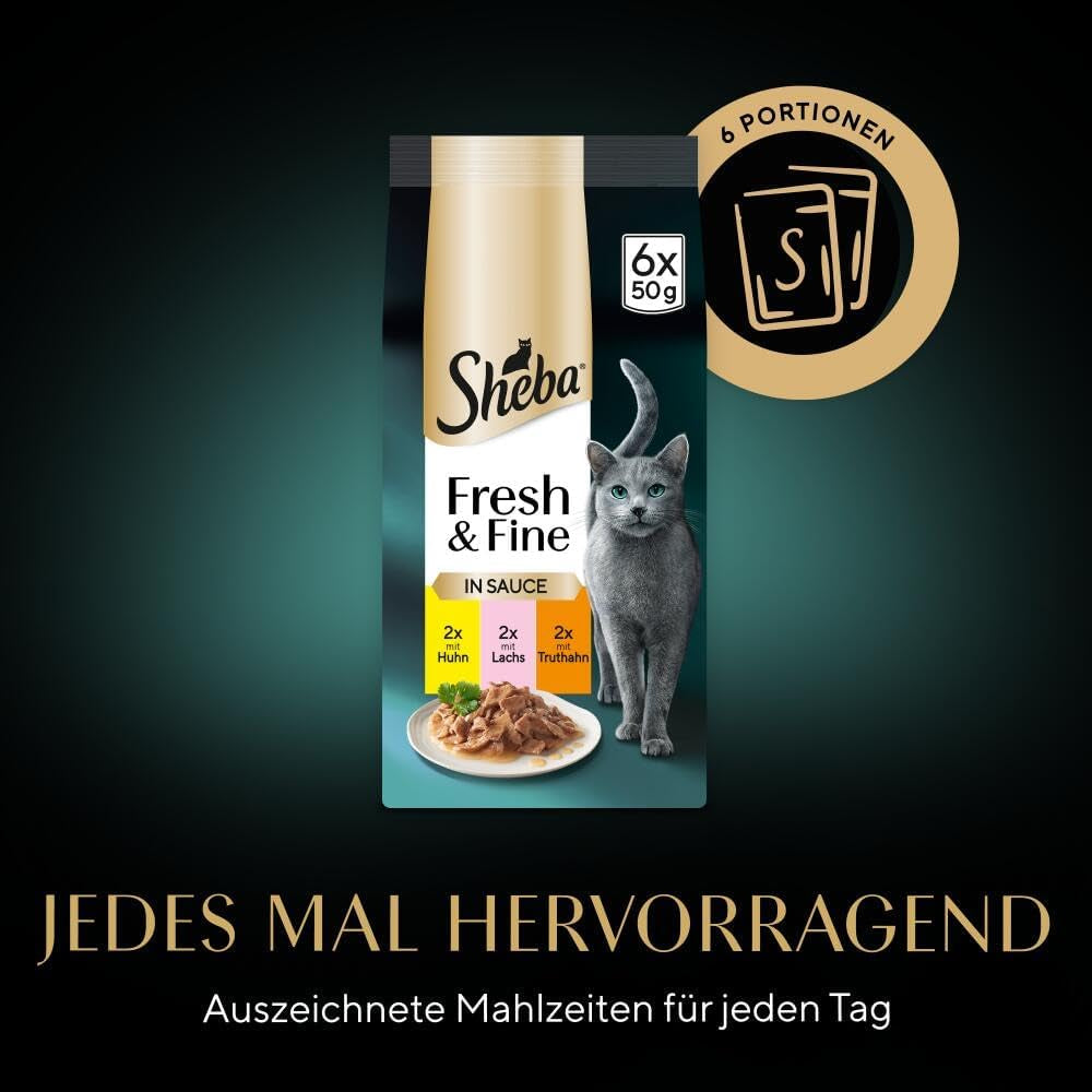 Sheba Portion Pouches Våtfoder för katter, multipack Fresh & Fine i sås med MSC kyckling och lax, 6x6x50g - Fina måltider för katter i sås