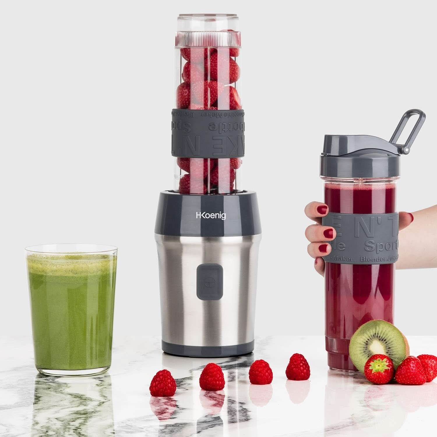H.Koenig Smoothie Maker SMOO9 - Mini Standmixer - Mini Mixer - 300 Watt - 570 Ml - Edelstahl - 2 Kunststoffflaschen - Bpa-Frei, Grau Kitchen Naty Shop