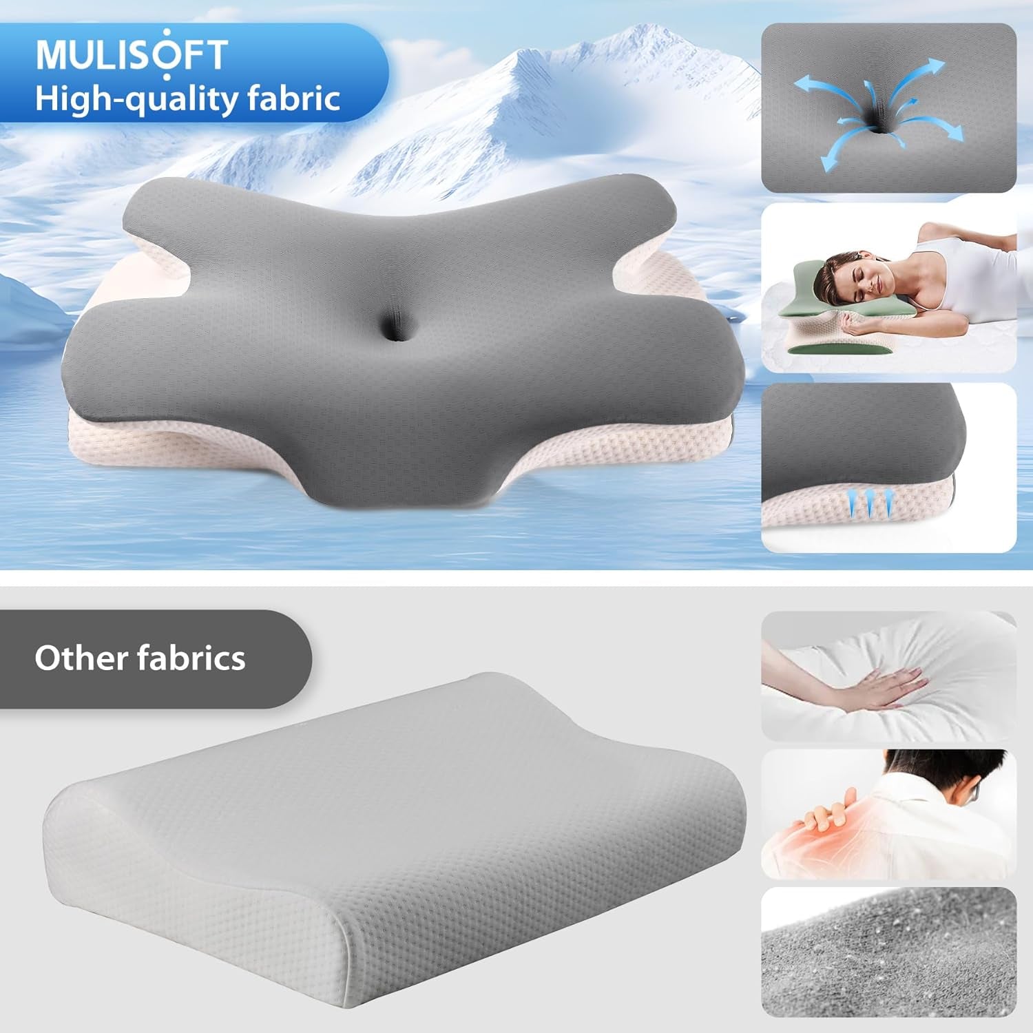 MULISOFT Memory Foam Kudde, Bekväm Huvudkudde, Nackstödskudde, Ergonomisk Side Sleeper Kudde (Grå) Cervikala Ortopediska Kuddar Naty Shop