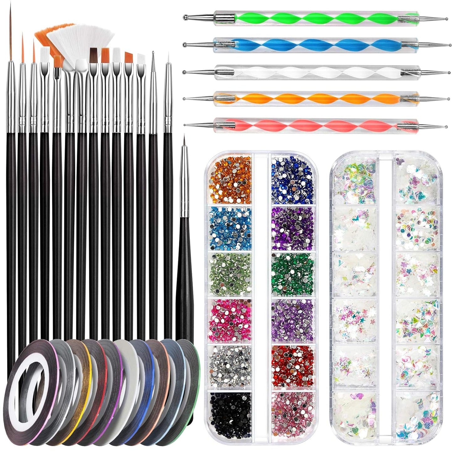 FANDAMEI Nail Art Brush Set, 15 Stücke Pinsel Für Gelnägel Nagel Pinsel, 5 Stücke Dotted Pen, 10 Rolle Streifenband Nägel, Strasssteine ​​​​Nägel, Ultra Dünn Nagel Paillettes Für Nagelkunst Maniküre Set