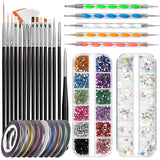 FANDAMEI Nail Art Brush Set, 15 Stücke Pinsel Für Gelnägel Nagel Pinsel, 5 Stücke Dotted Pen, 10 Rolle Streifenband Nägel, Strasssteine ​​​​Nägel, Ultra Dünn Nagel Paillettes Für Nagelkunst Maniküre Set